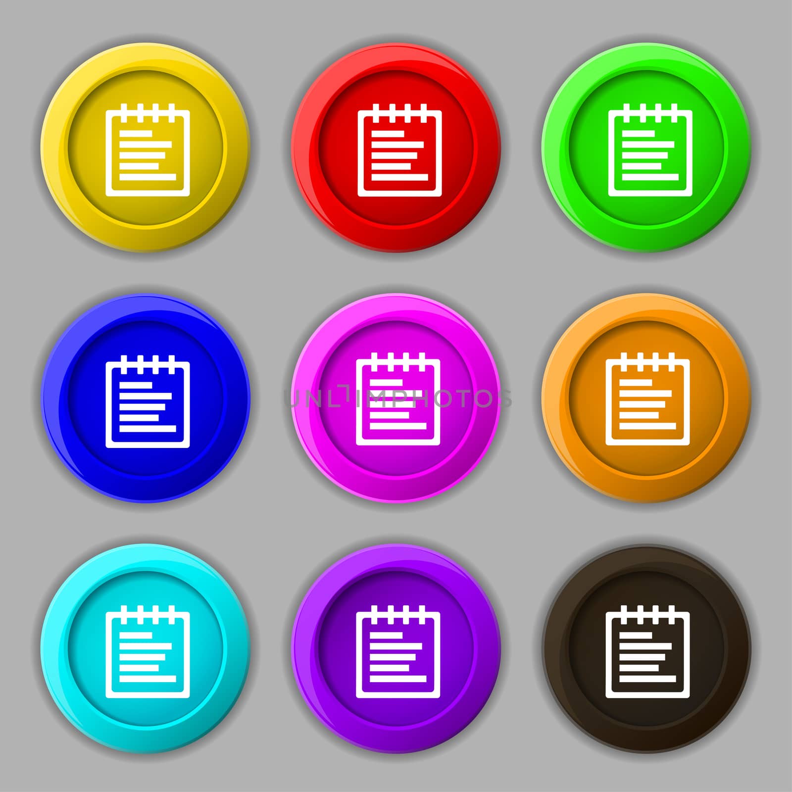 Notepad icon sign. symbol on nine round colourful buttons. illustration