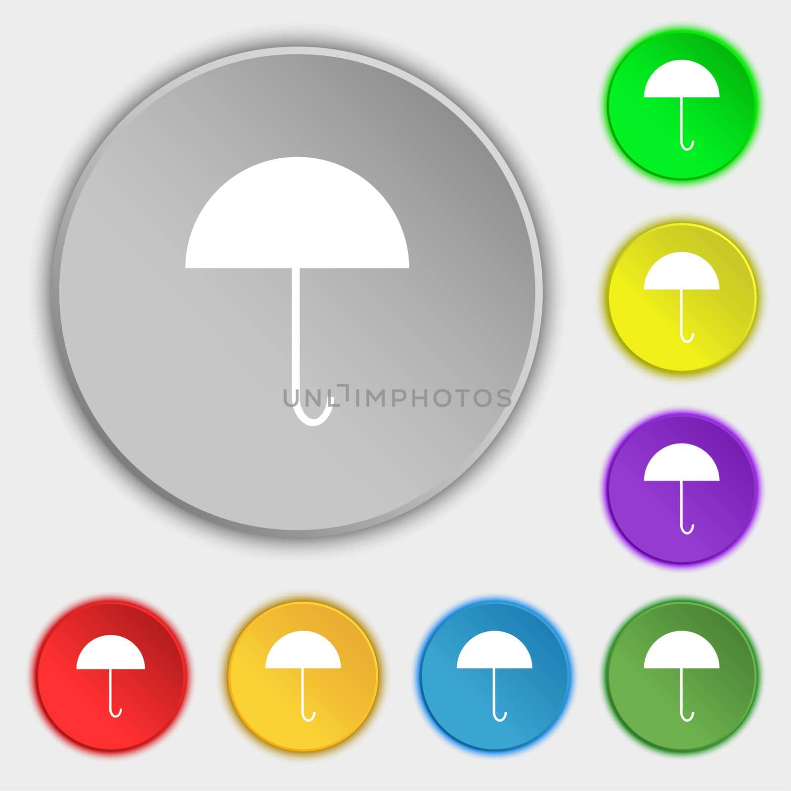 Umbrella sign icon. Rain protection symbol. Symbols on eight flat buttons.  by serhii_lohvyniuk