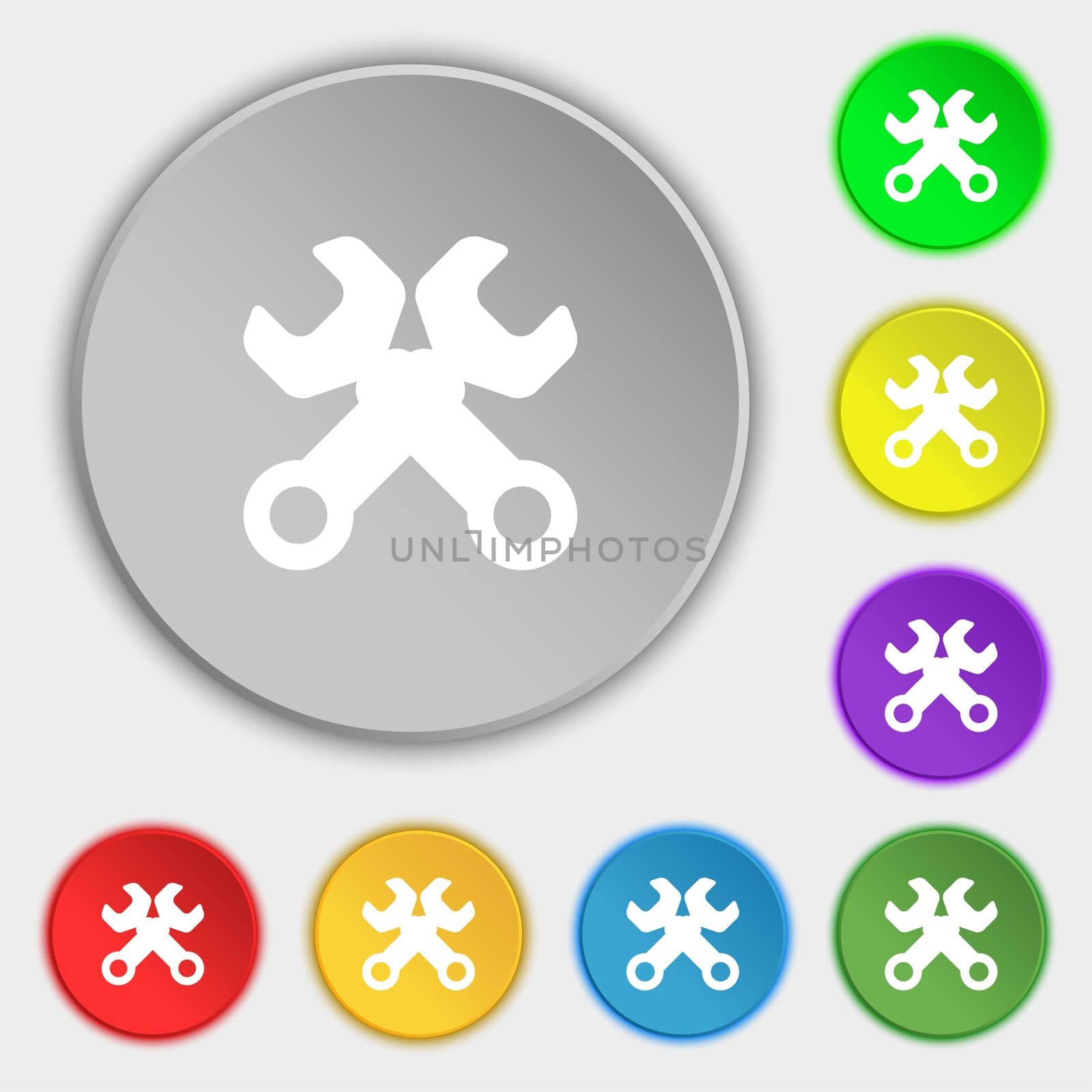 Wrench key sign icon. Service tool symbol. Symbols on eight flat buttons.  by serhii_lohvyniuk