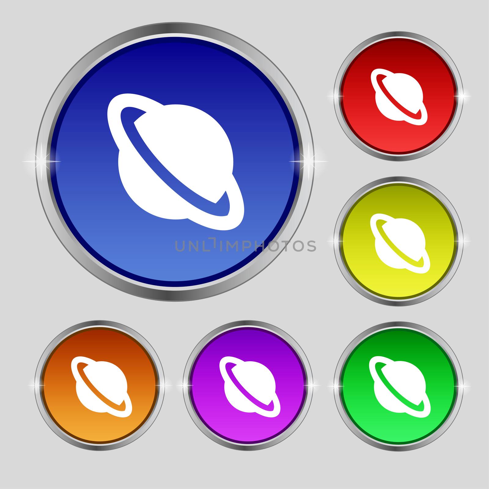 Jupiter planet icon sign. Round symbol on bright colourful buttons.  by serhii_lohvyniuk