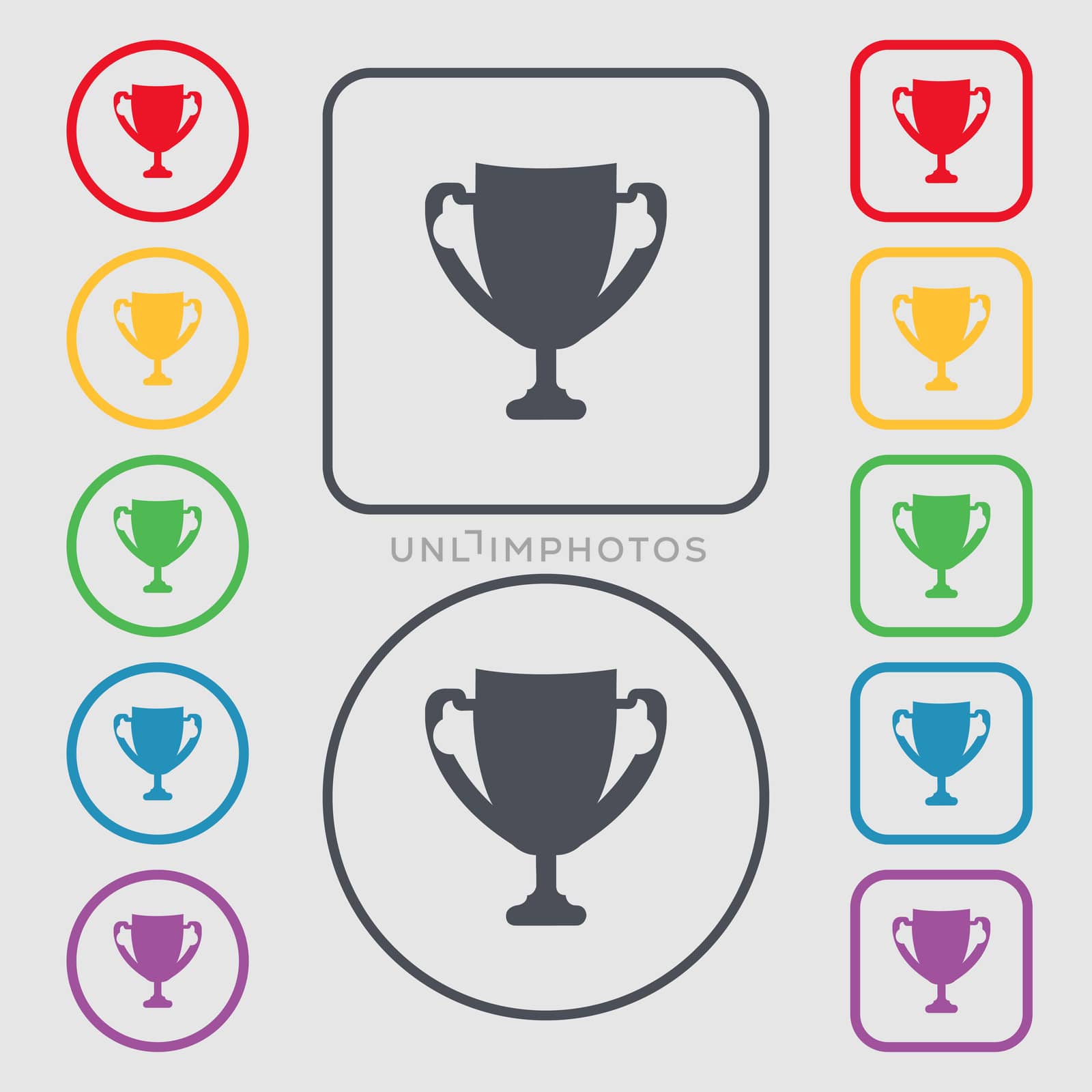 Winner cup sign icon. Awarding of winners symbol. Trophy. Symbols on the Round and square buttons with frame.  by serhii_lohvyniuk