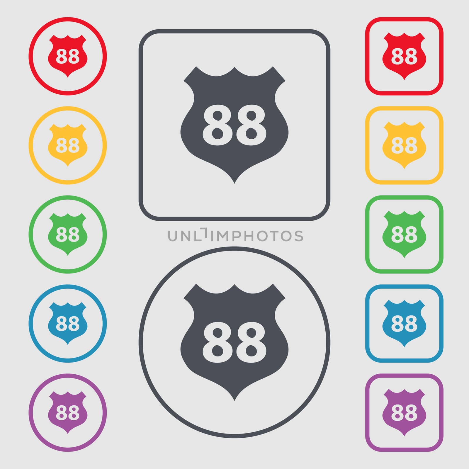 Route 88 highway icon sign. Symbols on the Round and square buttons with frame.  by serhii_lohvyniuk
