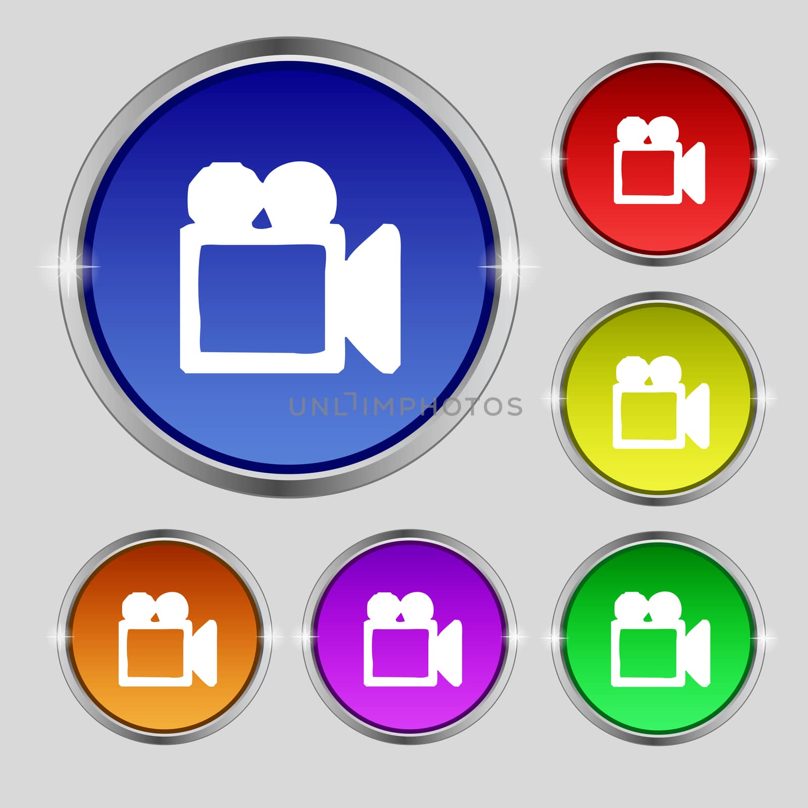 camcorder icon sign. Round symbol on bright colourful buttons.  by serhii_lohvyniuk