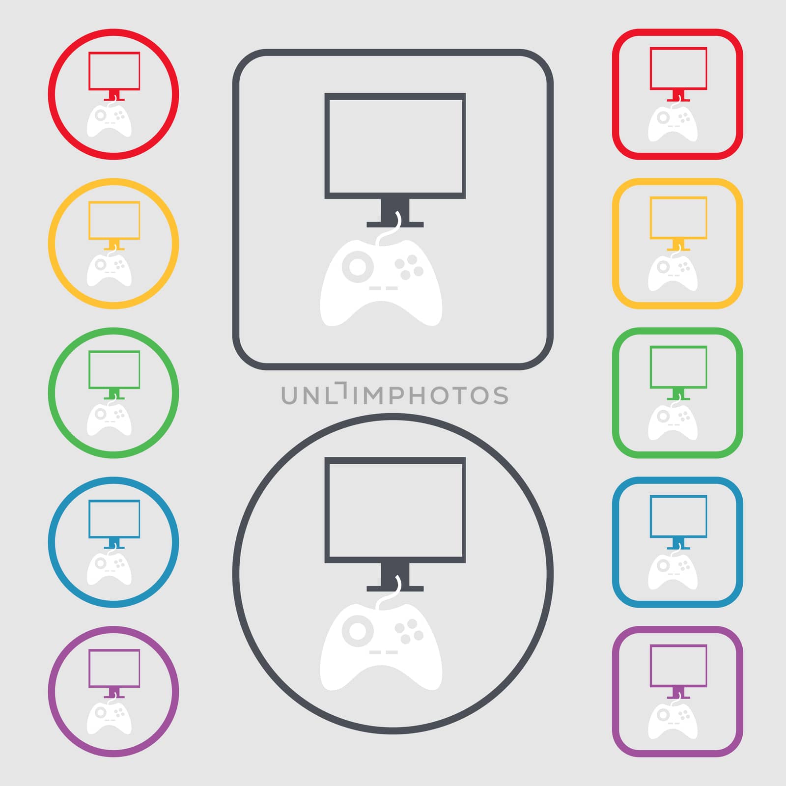 Joystick and monitor sign icon. Video game symbol. Symbols on the Round and square buttons with frame.  by serhii_lohvyniuk