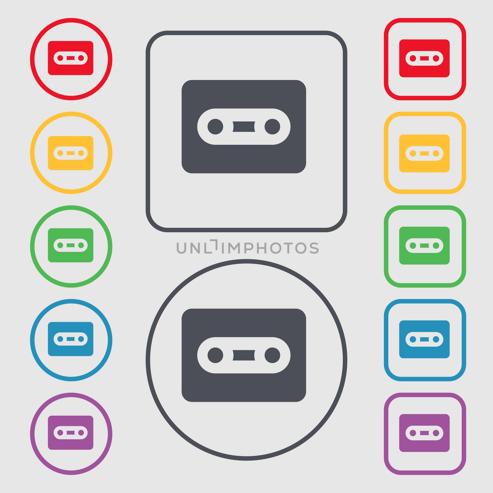 Cassette icon sign. symbol on the Round and square buttons with frame. illustration