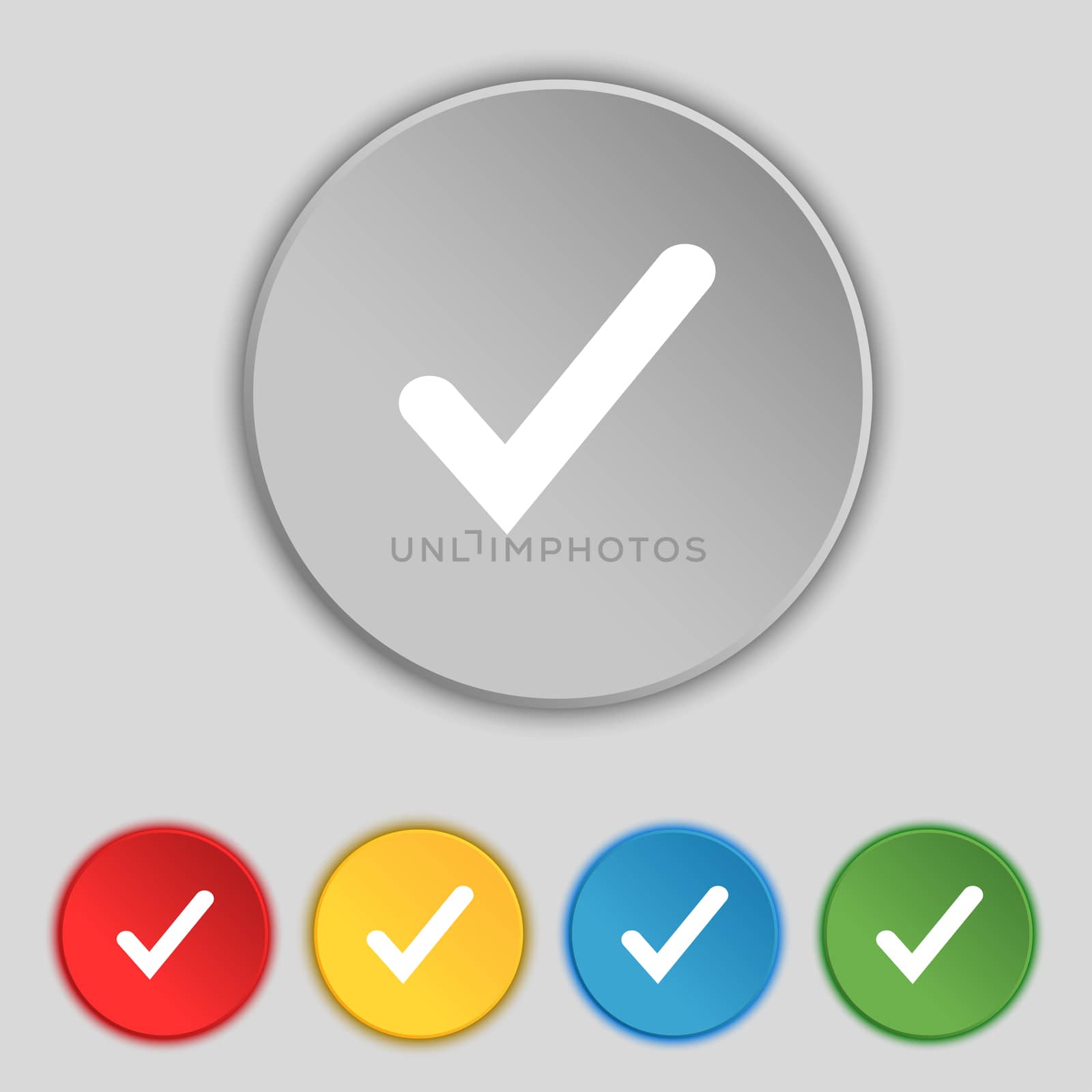 Check mark, tik icon sign. Symbol on five flat buttons.  by serhii_lohvyniuk