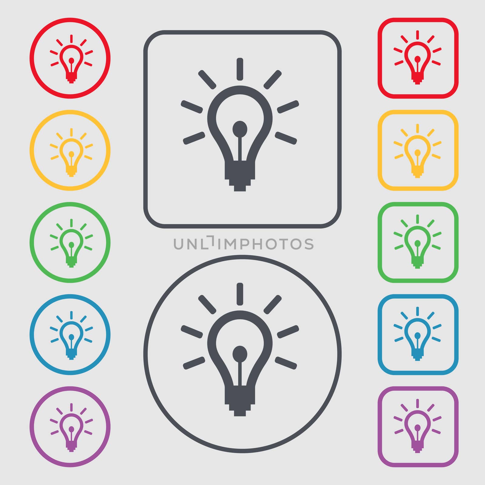 Light bulb icon sign. symbol on the Round and square buttons with frame. illustration