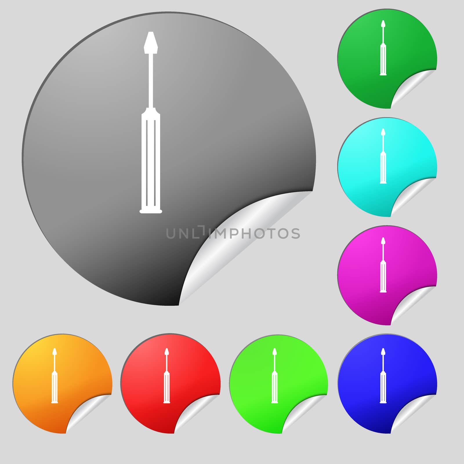 Screwdriver tool sign icon. Fix it symbol. Repair sign. Set of eight multi colored round buttons, stickers.  by serhii_lohvyniuk