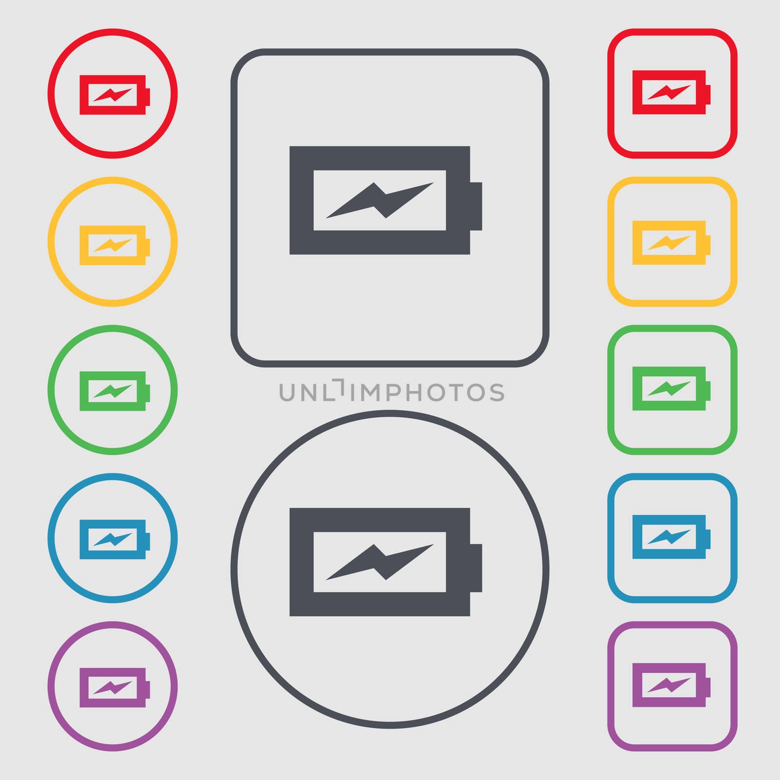 Battery charging icon sign. symbol on the Round and square buttons with frame. illustration