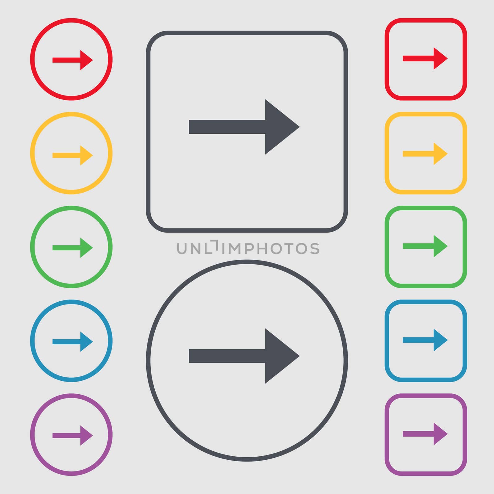 Arrow right, Next icon sign. symbol on the Round and square buttons with frame. illustration
