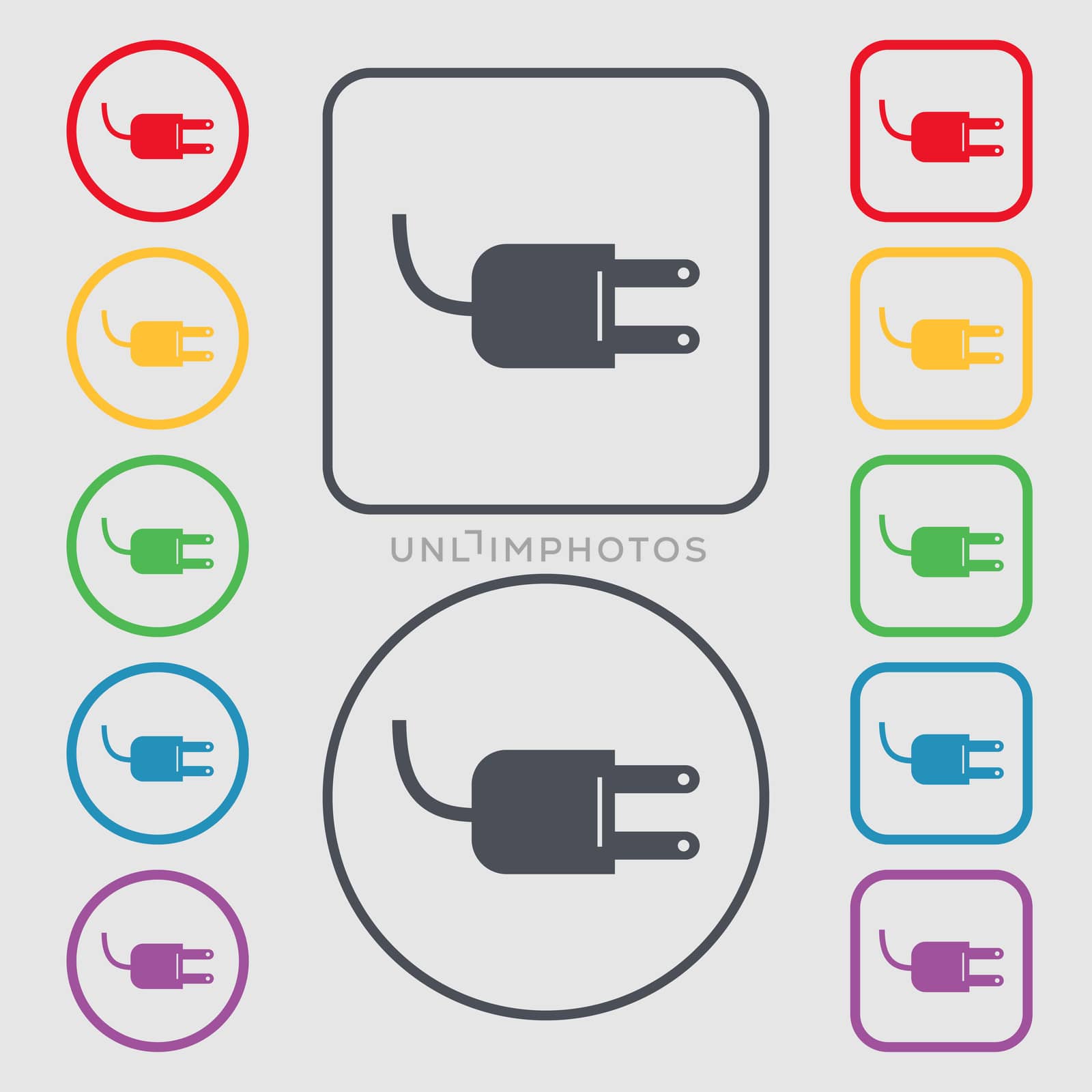 Electric plug sign icon. Power energy symbol. Symbols on the Round and square buttons with frame.  by serhii_lohvyniuk