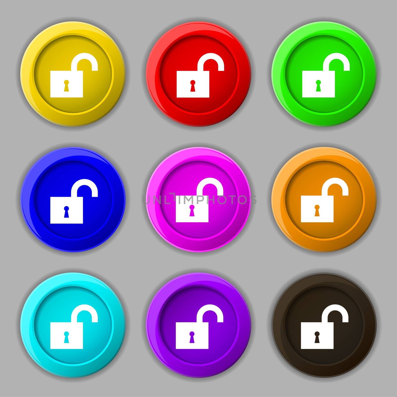open lock icon sign. symbol on nine round colourful buttons. illustration