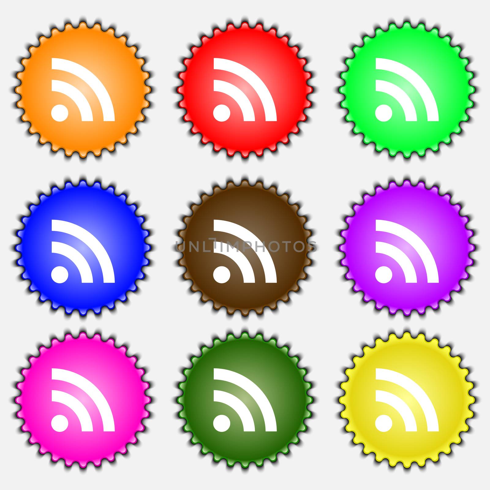 RSS feed icon sign. A set of nine different colored labels.  by serhii_lohvyniuk