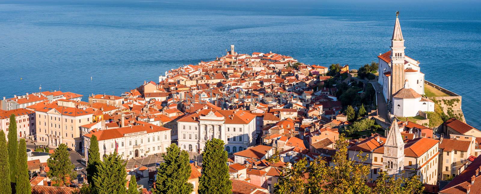 Panoramic View of Picturesque Piran Old Town in Slovenia in the Morning. Aerial view.