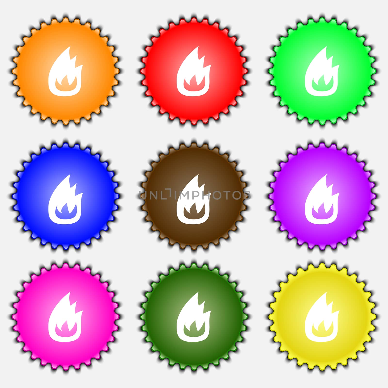 Fire flame icon sign. A set of nine different colored labels.  by serhii_lohvyniuk