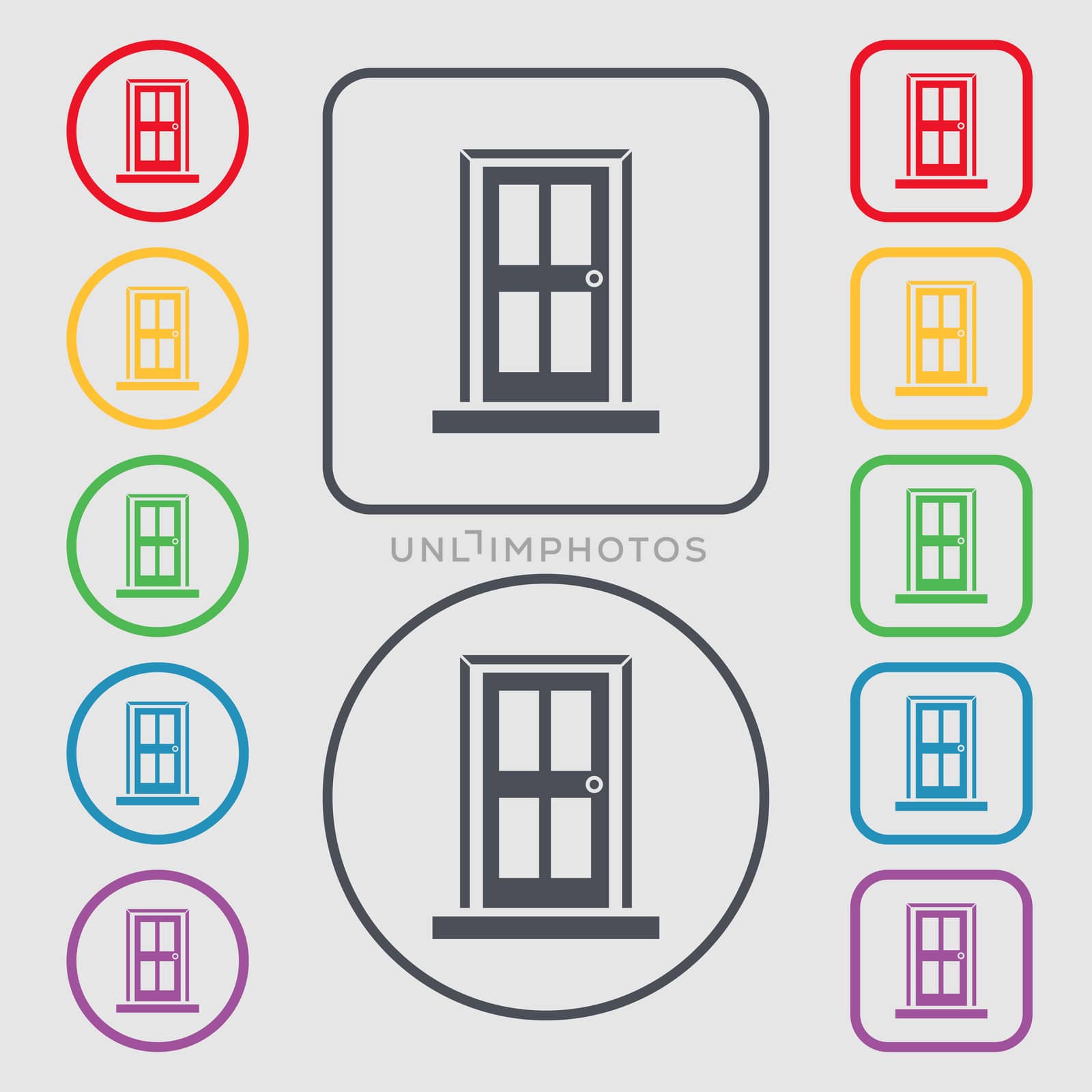 Door icon sign. Symbols on the Round and square buttons with frame.  by serhii_lohvyniuk