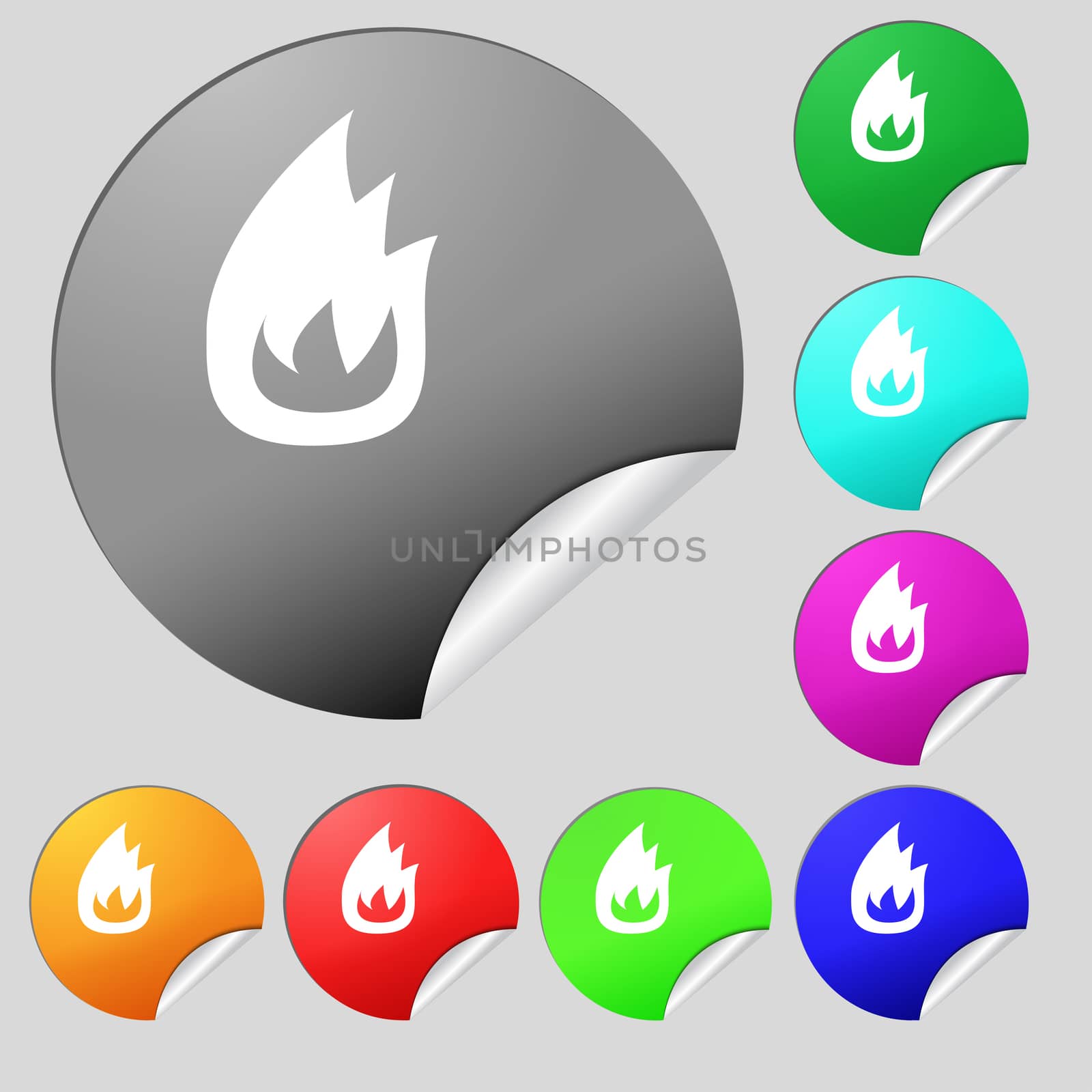 Fire flame icon sign. Set of eight multi-colored round buttons, stickers.  by serhii_lohvyniuk