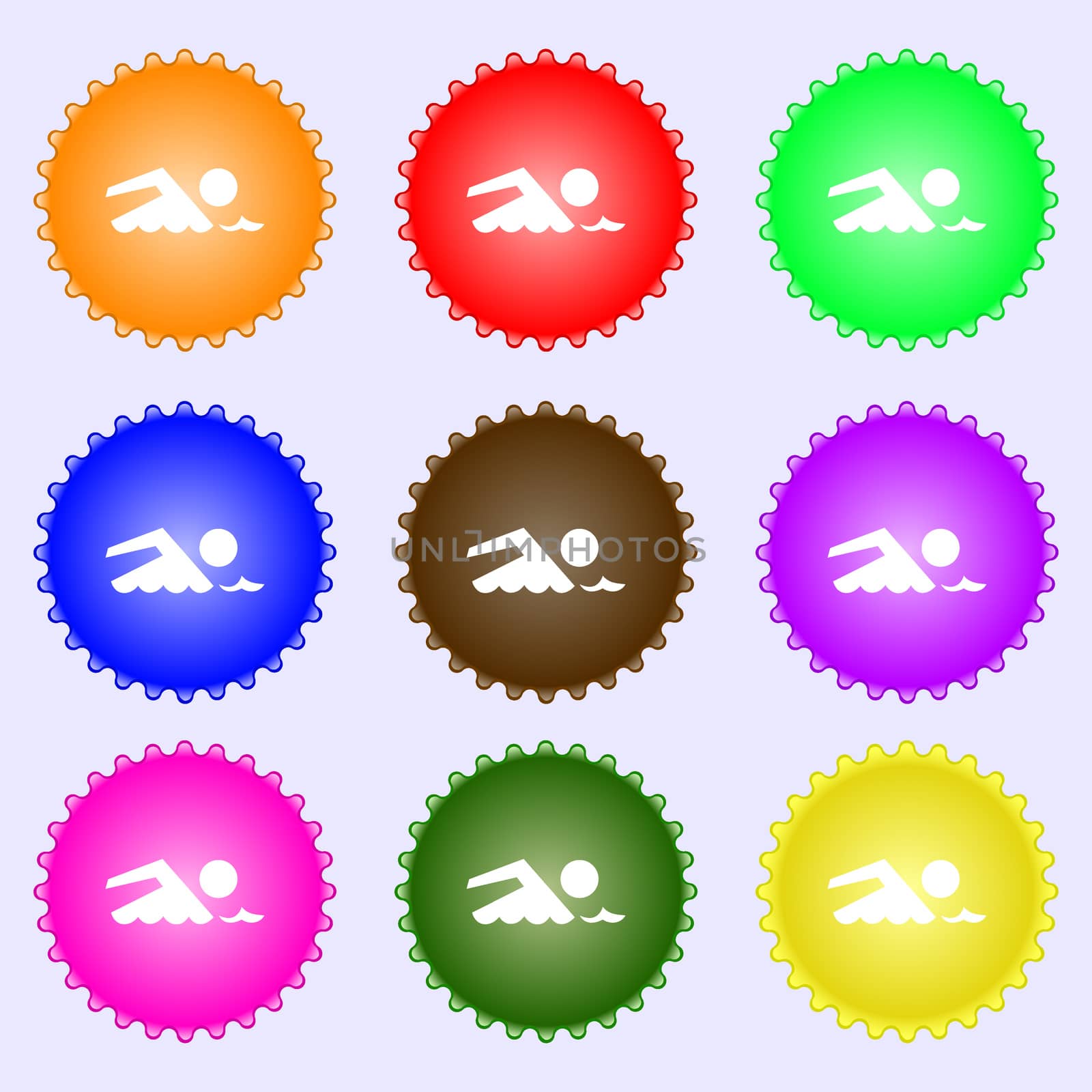 Swimming sign icon. Pool swim symbol. Sea wave. A set of nine different colored labels.  by serhii_lohvyniuk