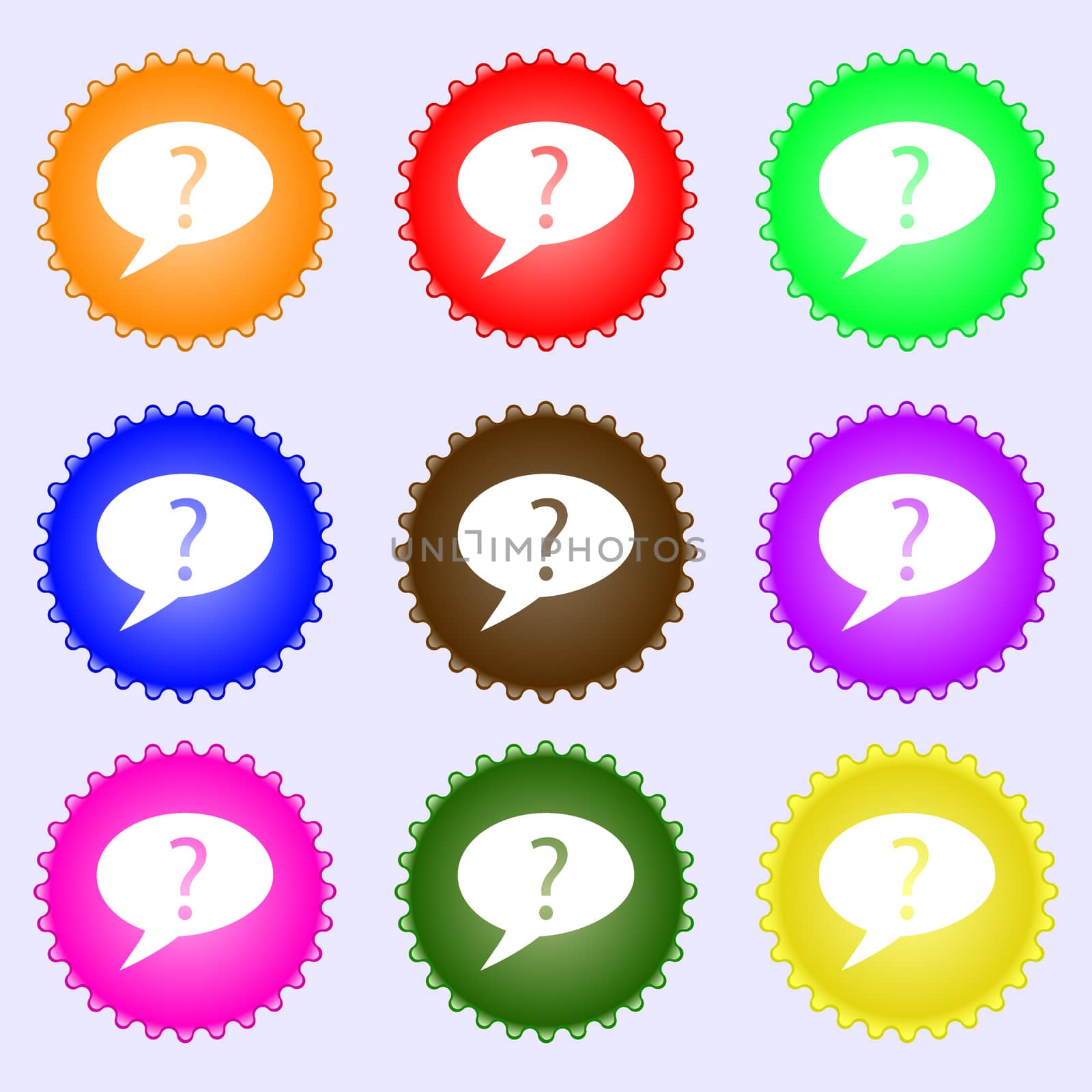 Question mark sign icon. Help speech bubble symbol. FAQ sign. A set of nine different colored labels. illustration