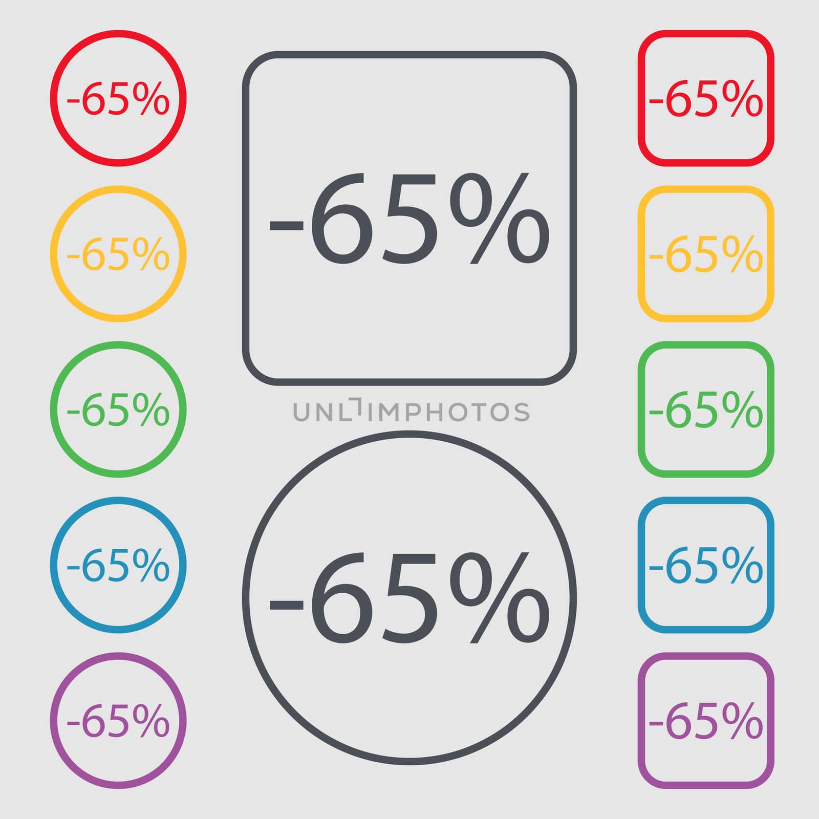 65 percent discount sign icon. Sale symbol. Special offer label. Symbols on the Round and square buttons with frame. illustration