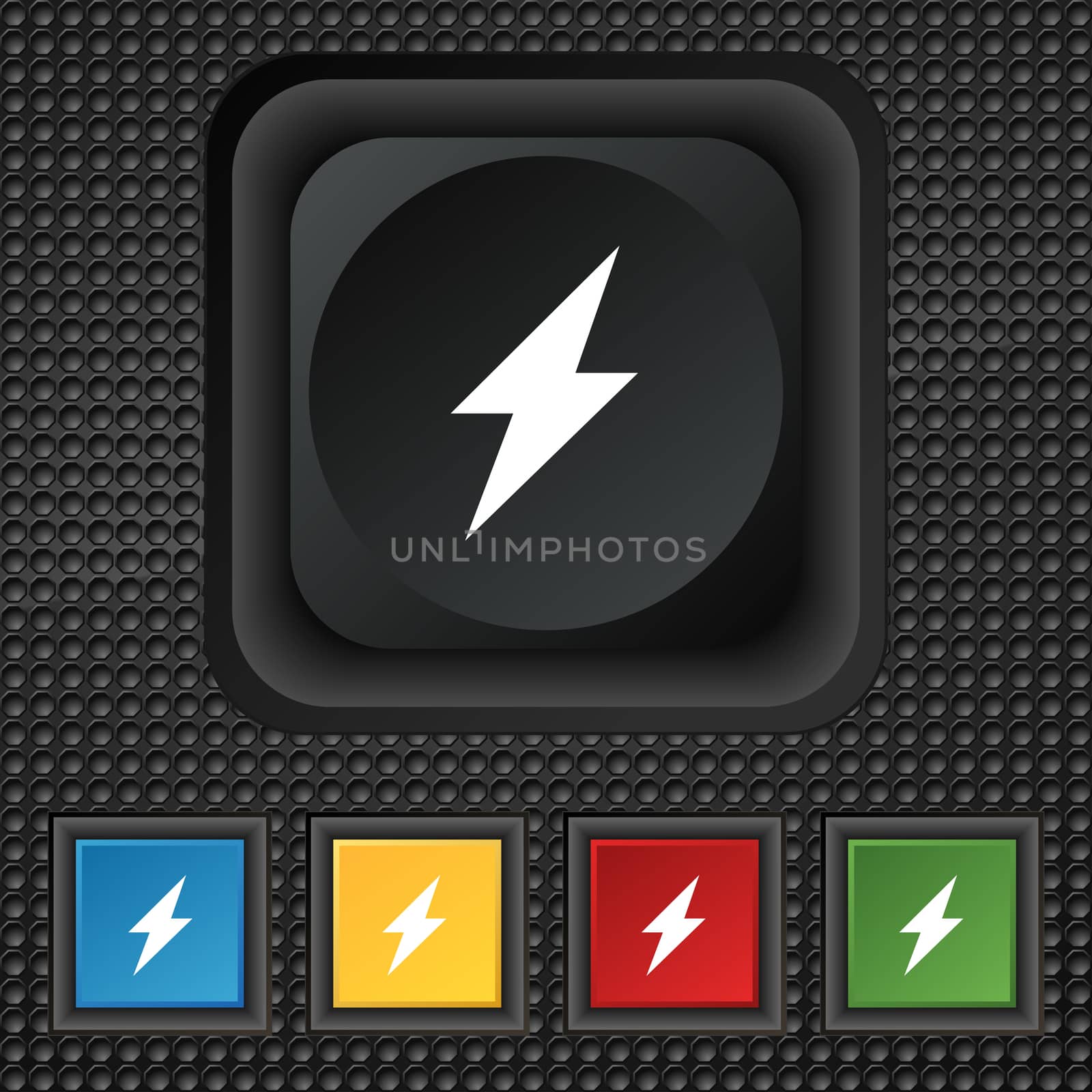 Photo flash icon sign. symbol Squared colourful buttons on black texture.  by serhii_lohvyniuk