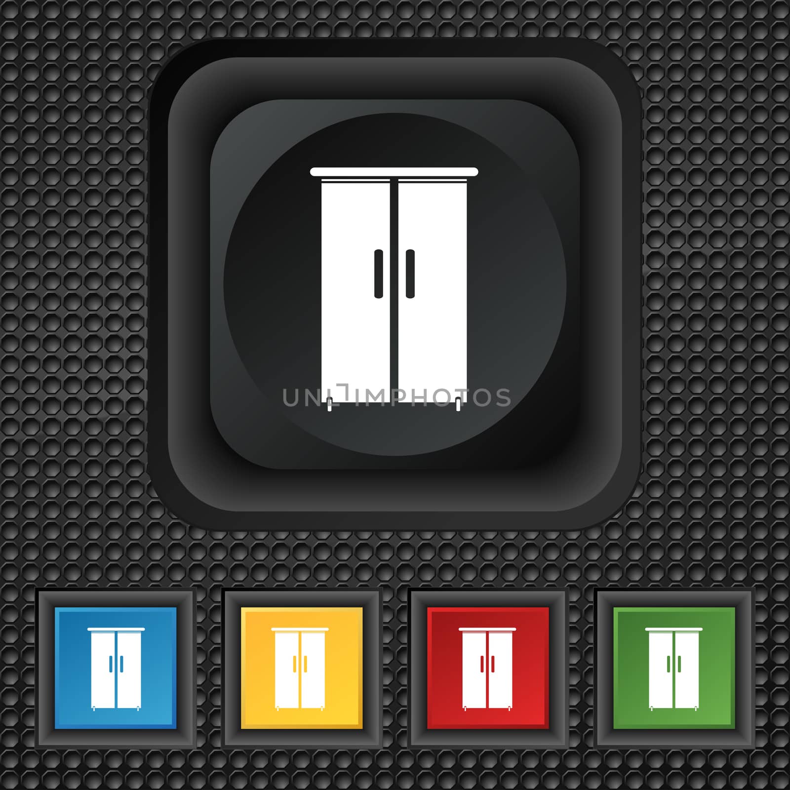 Cupboard icon sign. symbol Squared colourful buttons on black texture.  by serhii_lohvyniuk