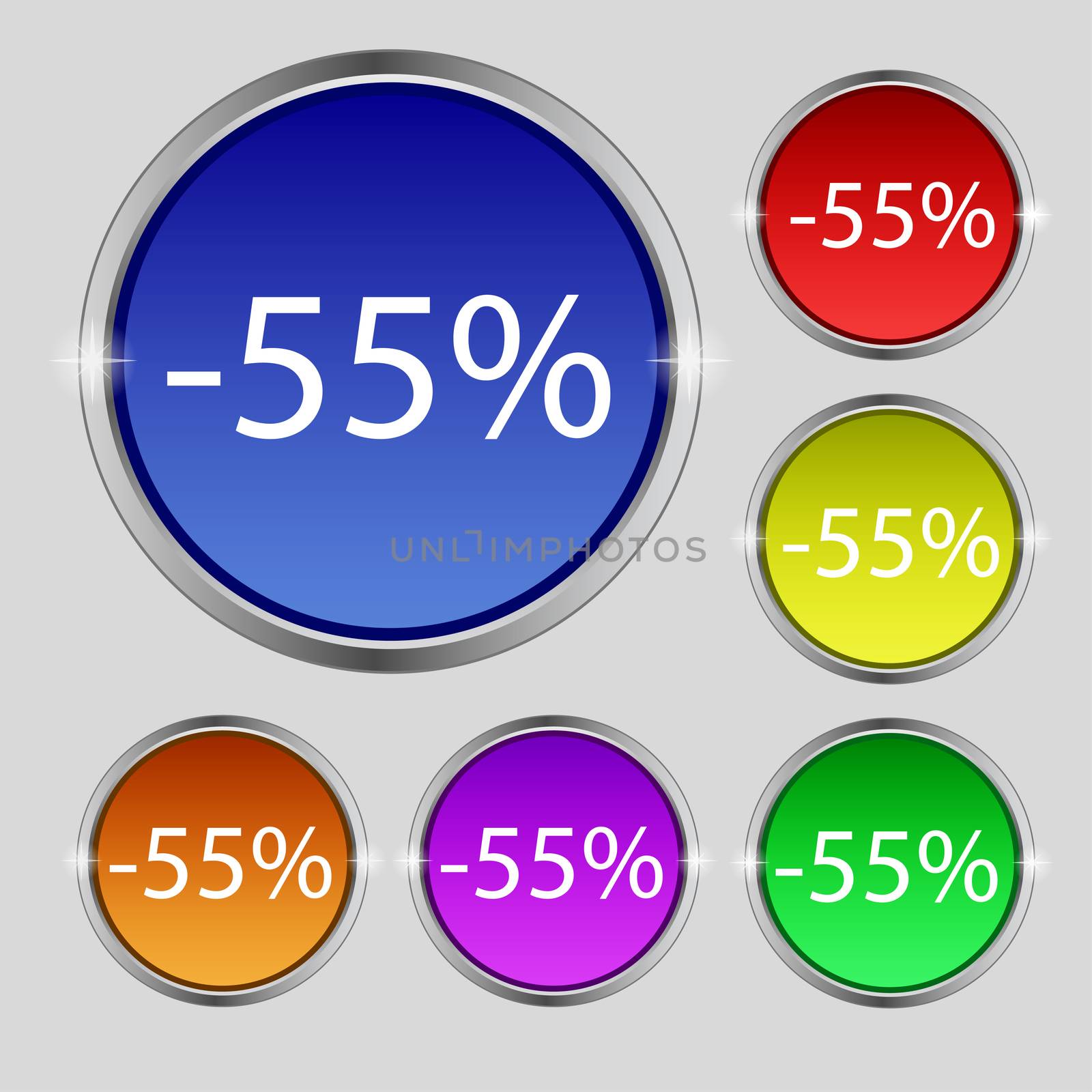 55 percent discount sign icon. Sale symbol. Special offer label. Set of colored buttons  by serhii_lohvyniuk