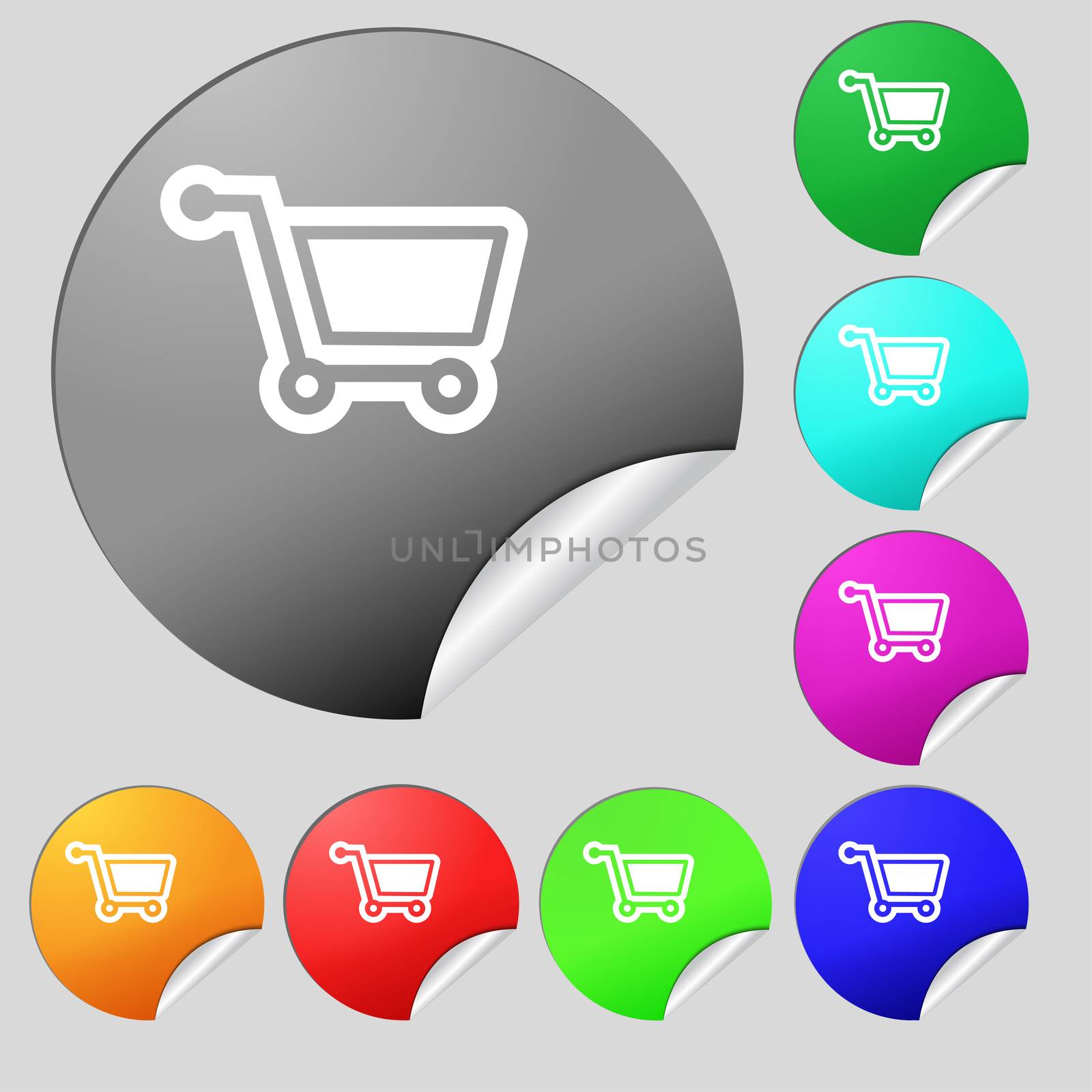 shopping cart icon sign. Set of eight multi colored round buttons, stickers.  by serhii_lohvyniuk