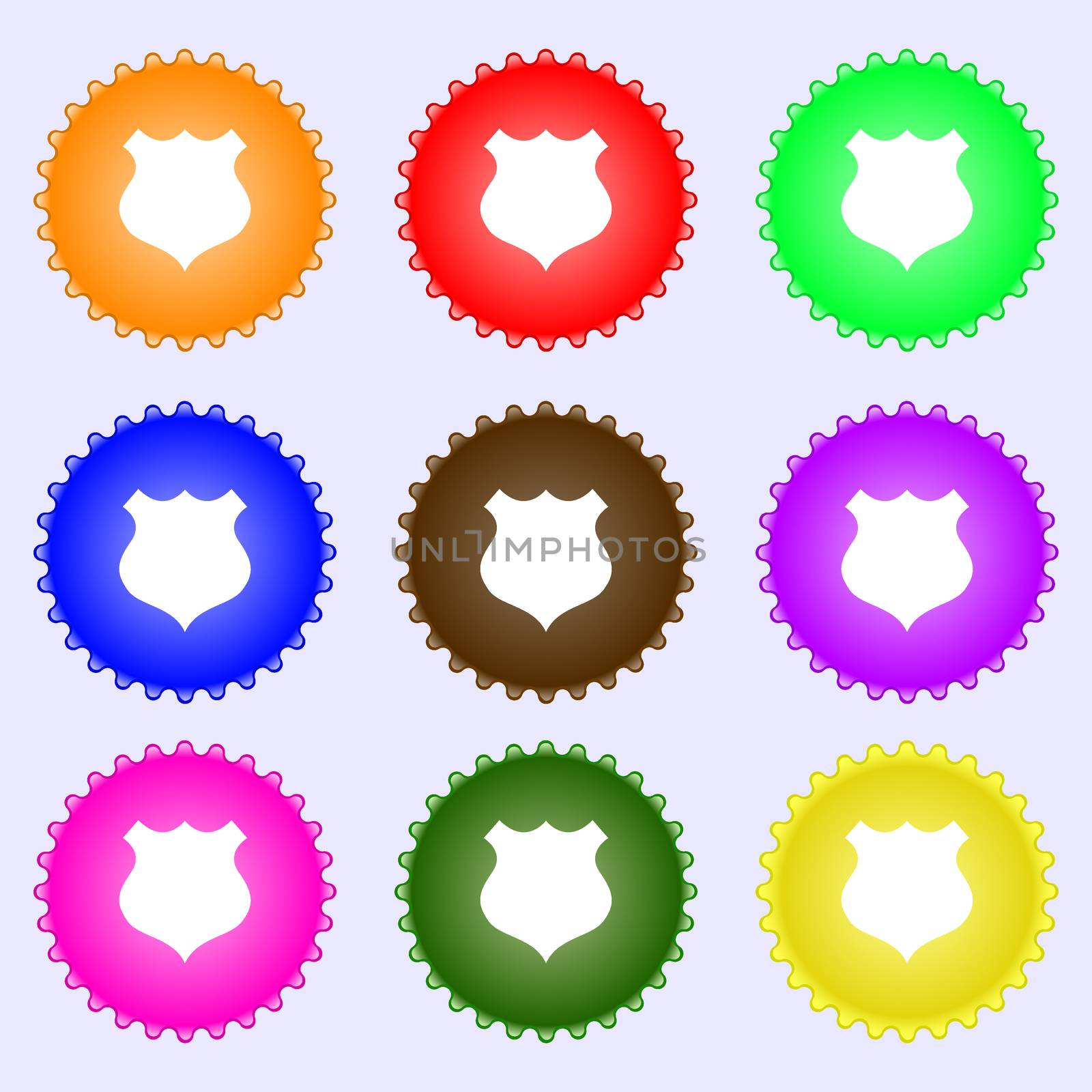 shield icon sign. A set of nine different colored labels.  by serhii_lohvyniuk