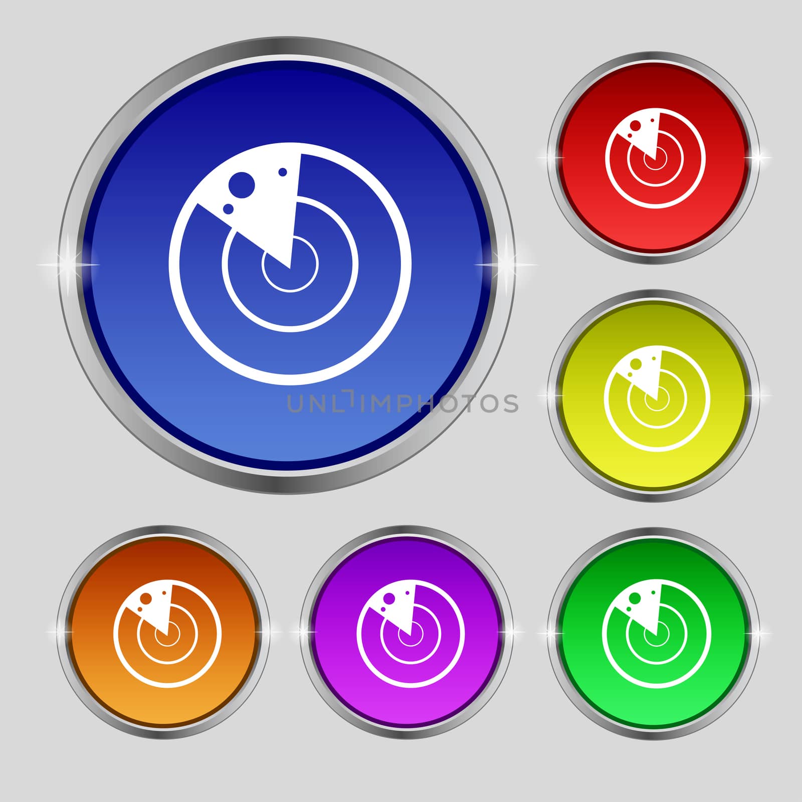 radar icon sign. Round symbol on bright colourful buttons. illustration
