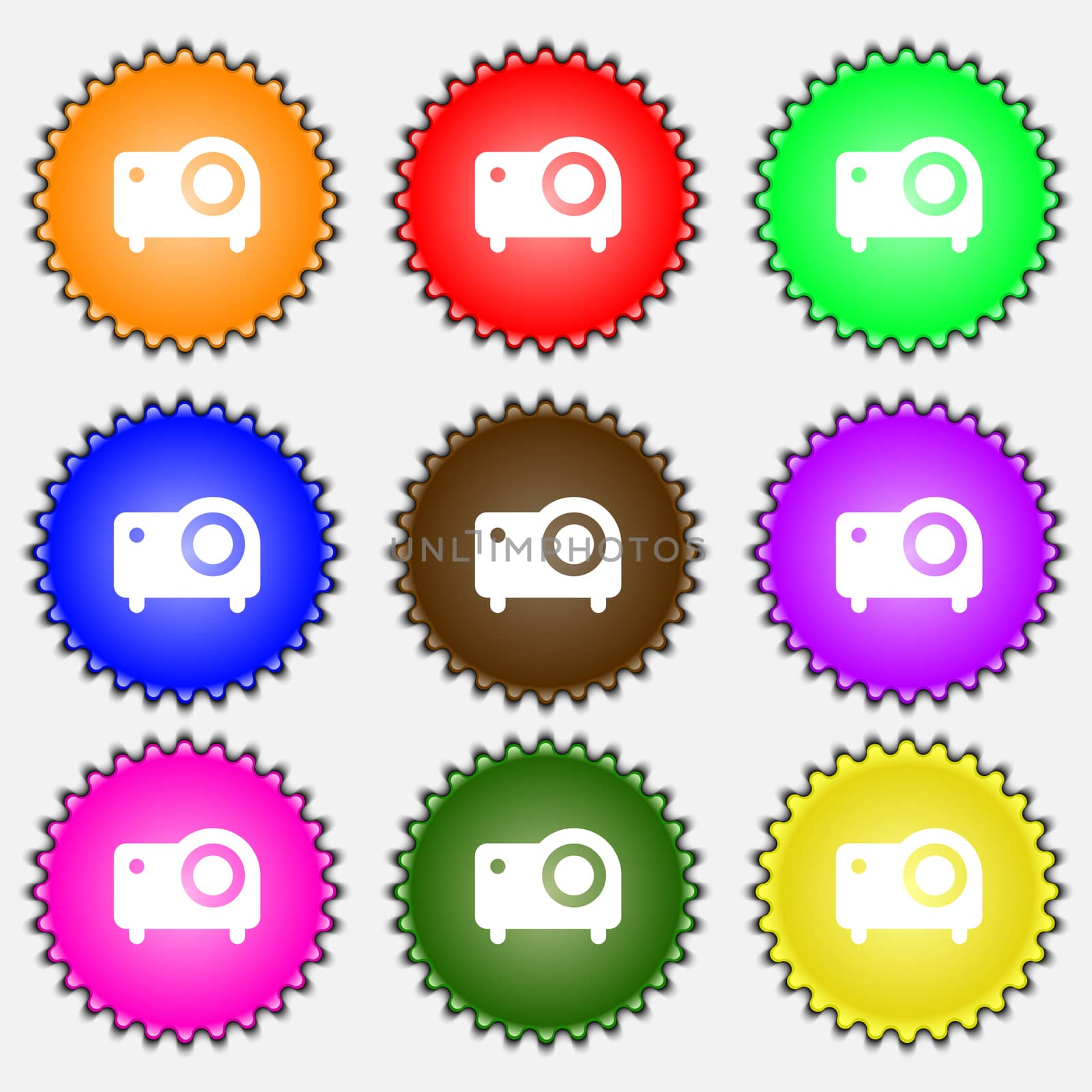  projector icon sign. A set of nine different colored labels.  by serhii_lohvyniuk