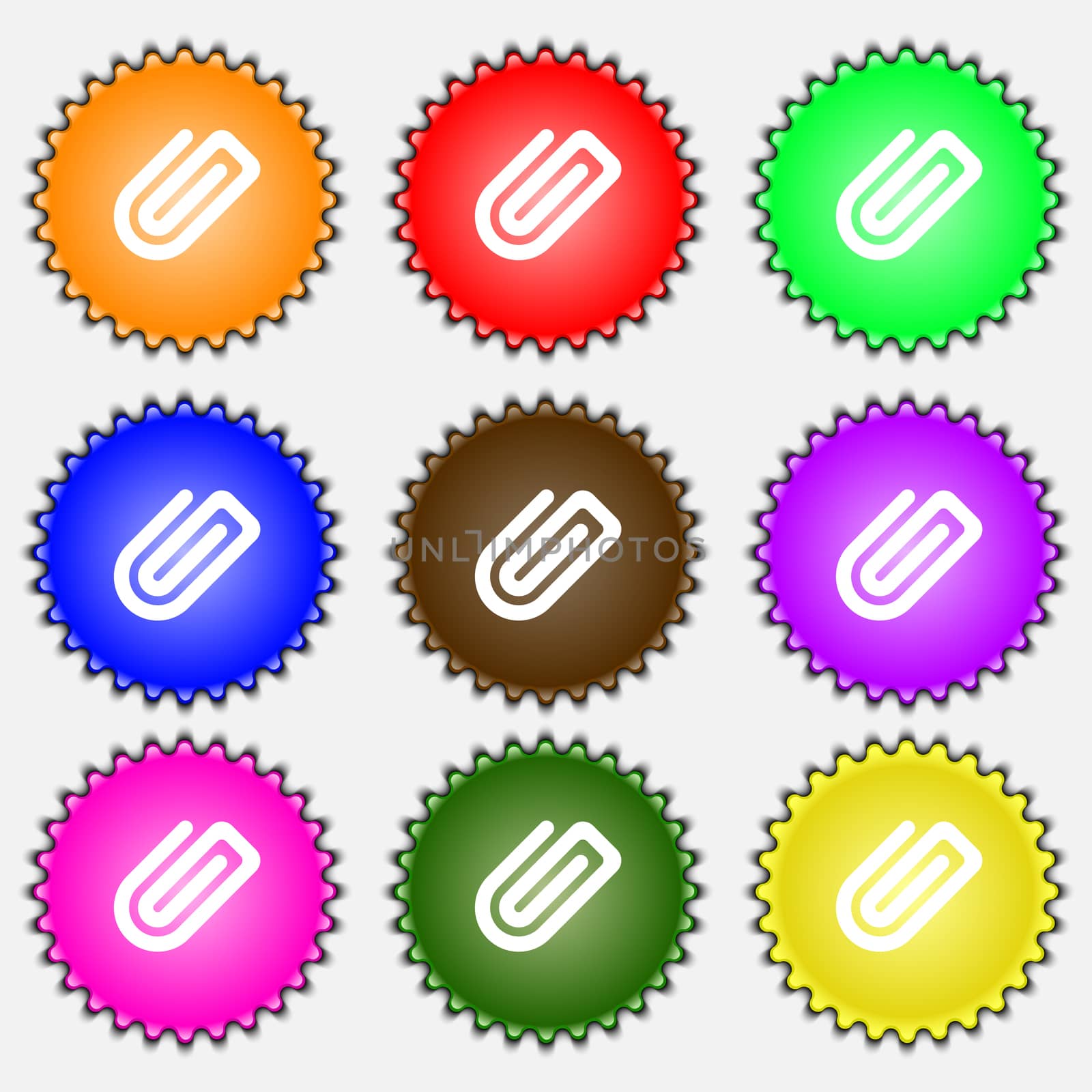 Paper Clip icon sign. A set of nine different colored labels.  by serhii_lohvyniuk