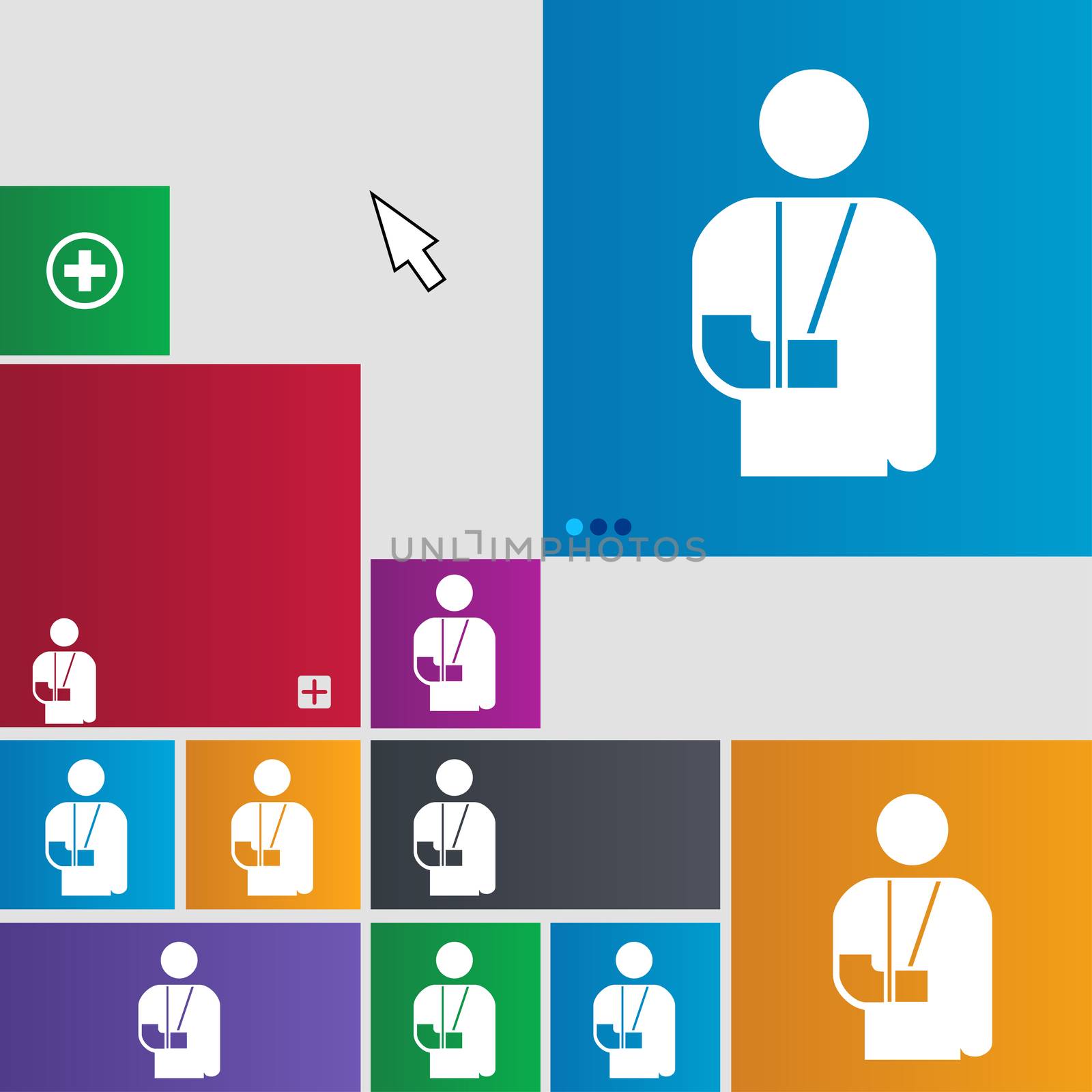 broken arm, disability icon sign. buttons. Modern interface website buttons with cursor pointer. illustration