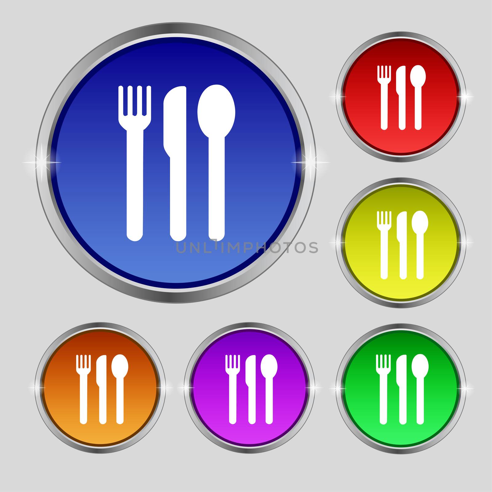 fork, knife, spoon icon sign. Round symbol on bright colourful buttons. illustration