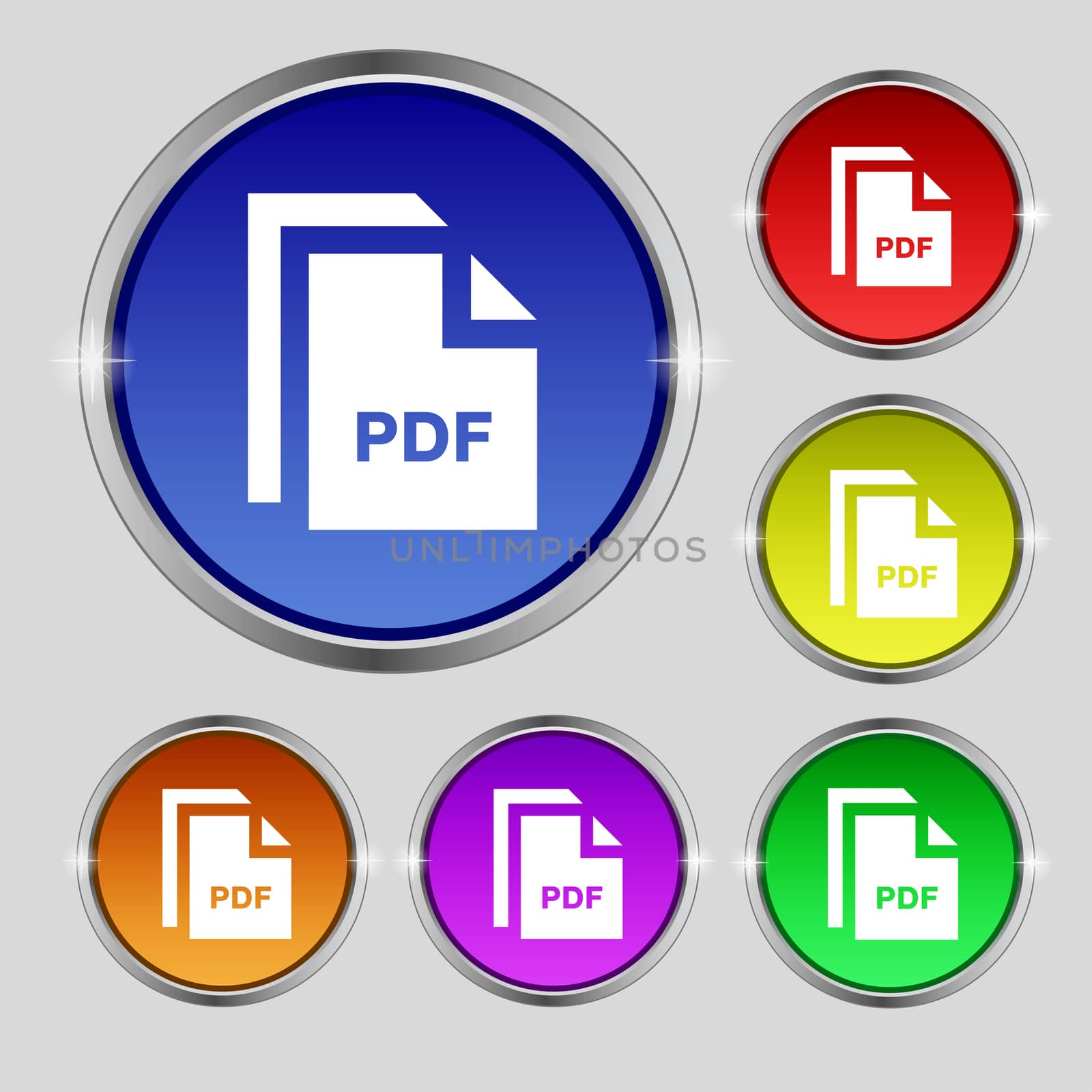 file PDF icon sign. Round symbol on bright colourful buttons. illustration