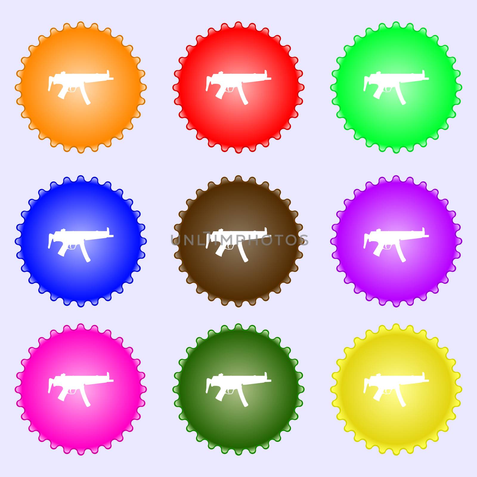  machine gun icon sign. A set of nine different colored labels.  by serhii_lohvyniuk