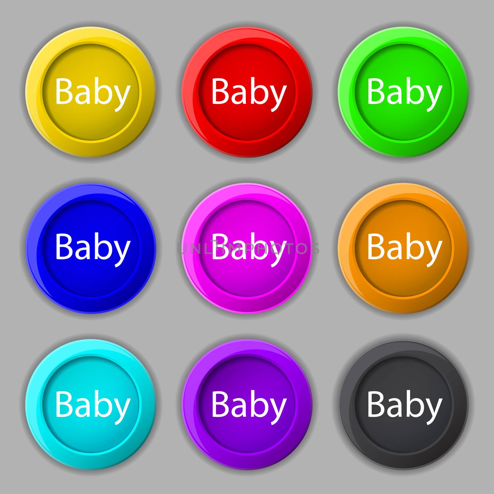 Baby on board sign icon. Infant in car caution symbol. Baby-pacifier nipple. Set of colored buttons.  by serhii_lohvyniuk