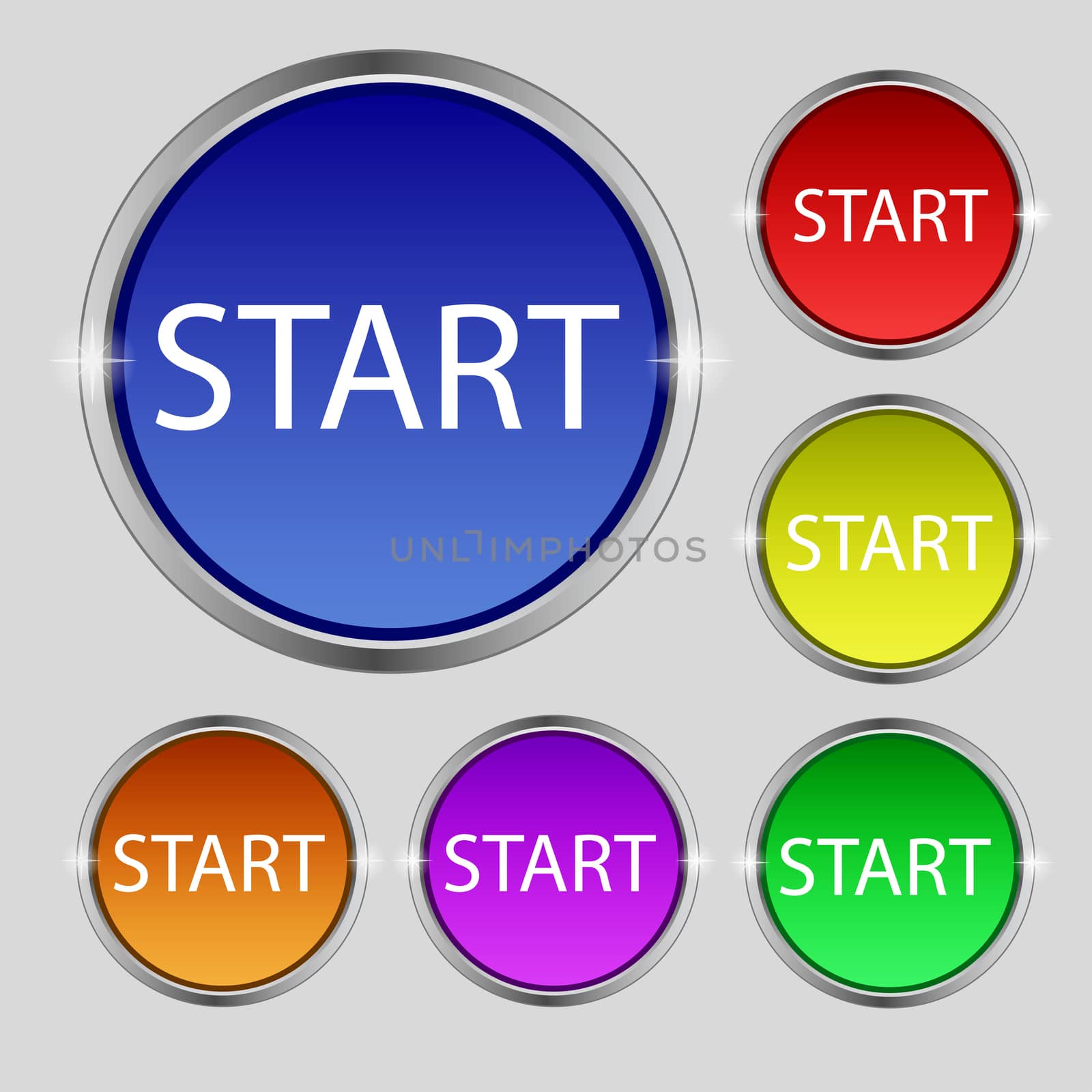 Start engine sign icon. Power button. Set of colored buttons. 
