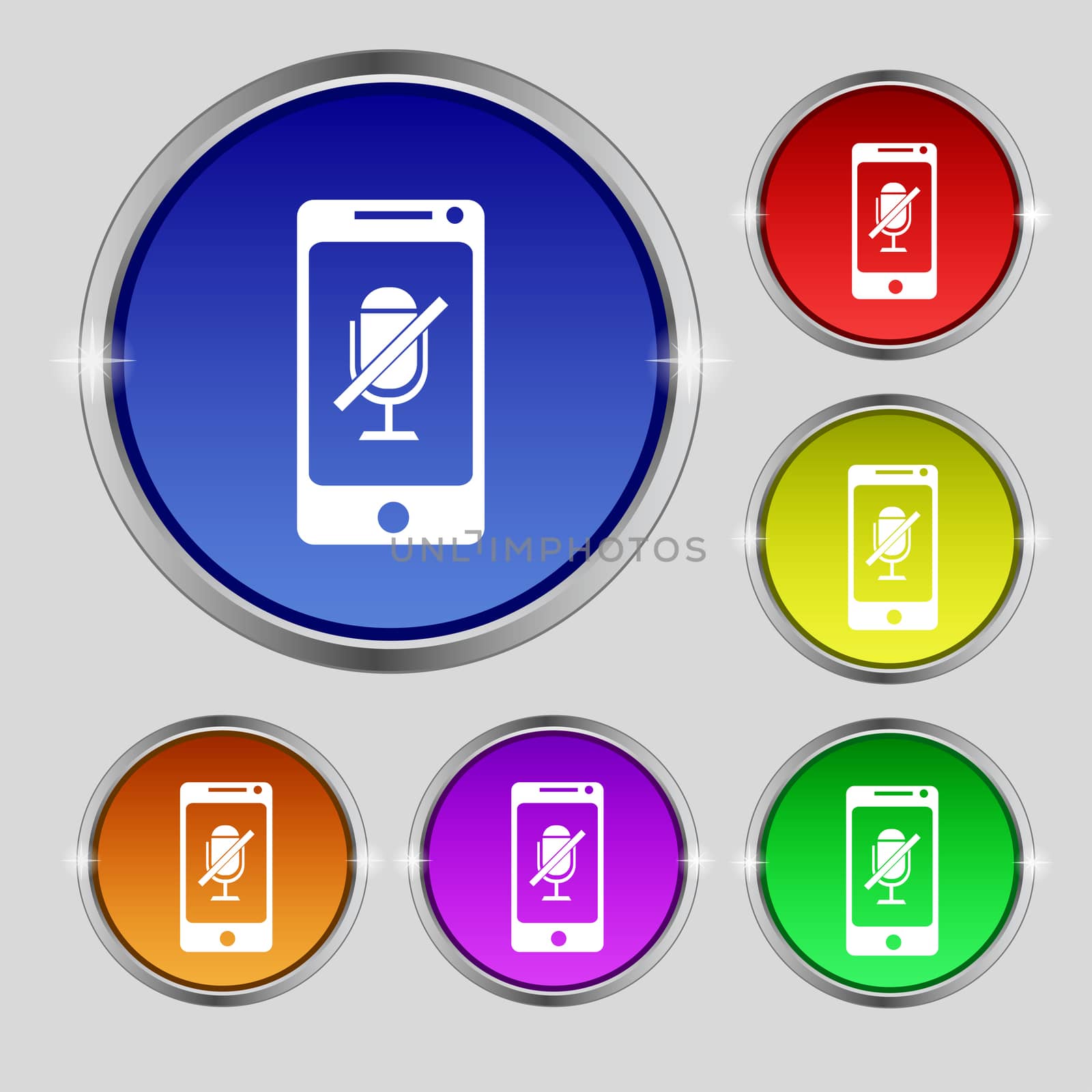 No Microphone sign icon. Speaker symbol. Set colourful buttons. illustration