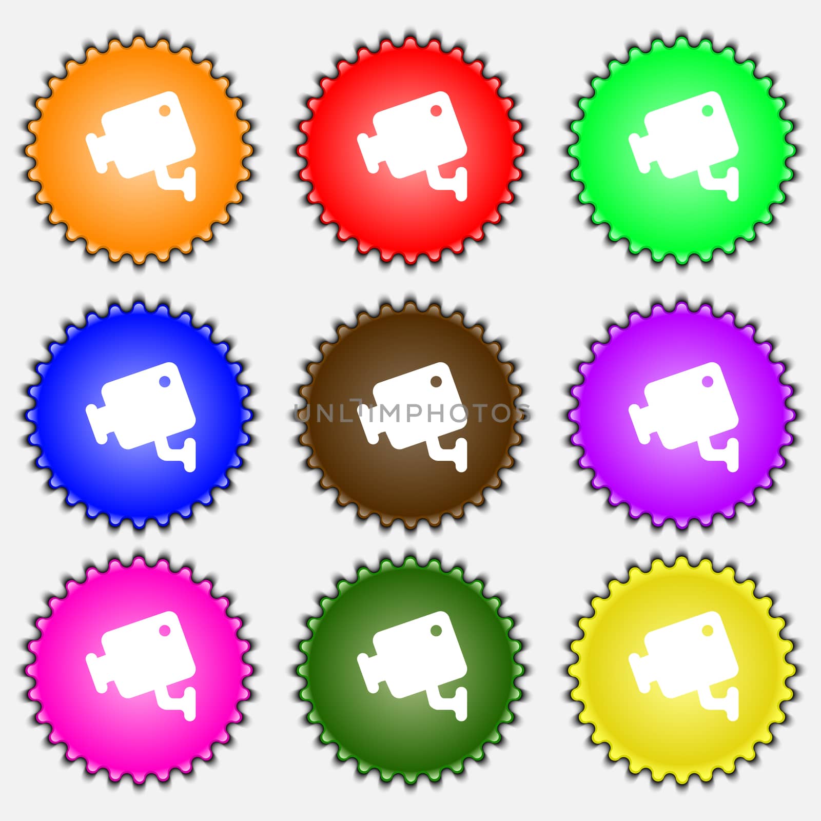 video camera icon sign. A set of nine different colored labels. illustration