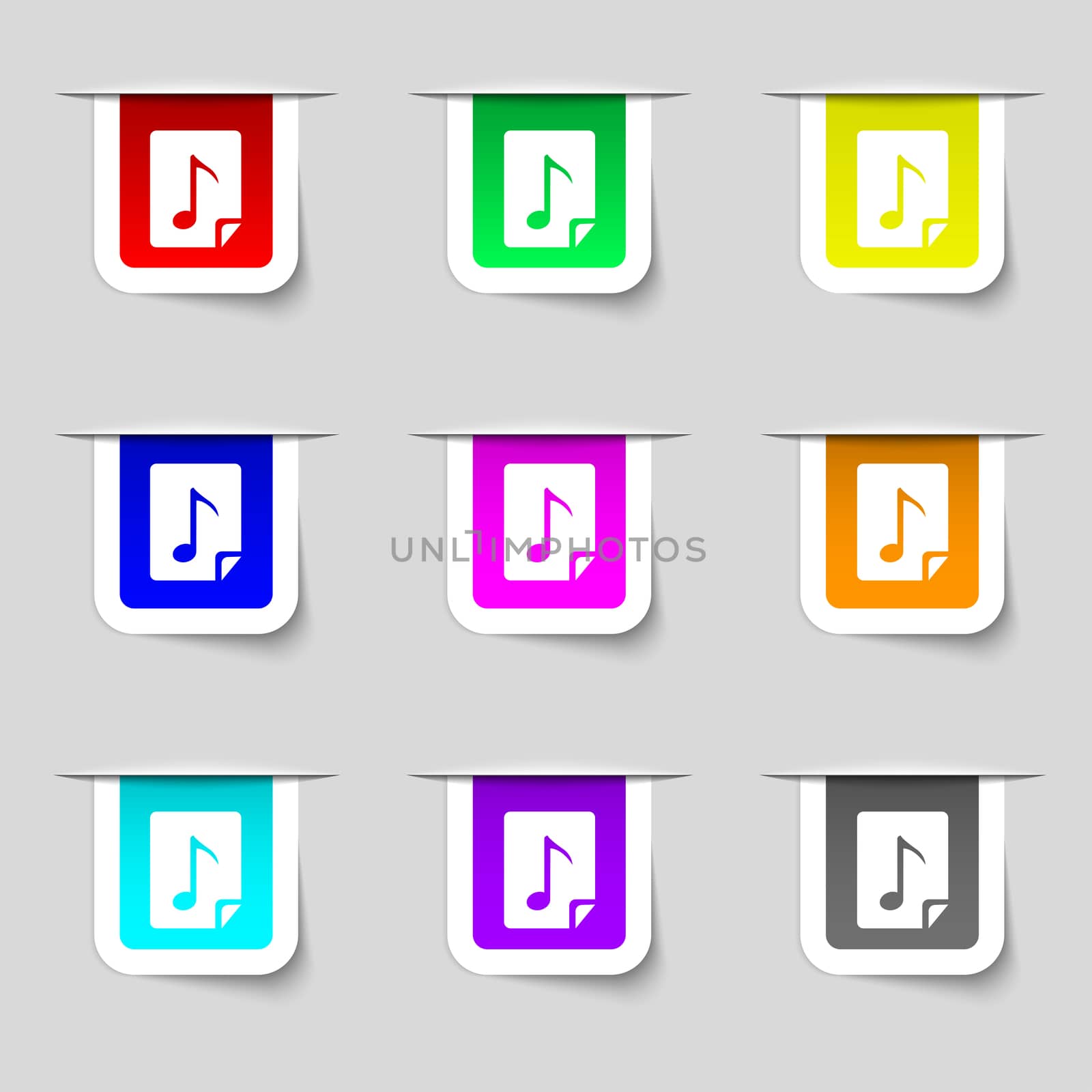 Audio, MP3 fileicon sign. Set of multicolored modern labels for your design. illustration
