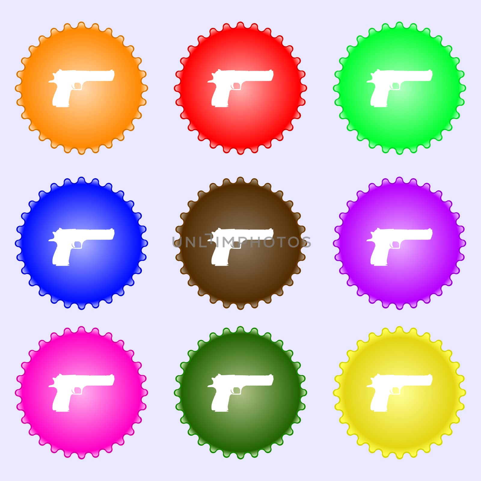 gun icon sign. A set of nine different colored labels. illustration