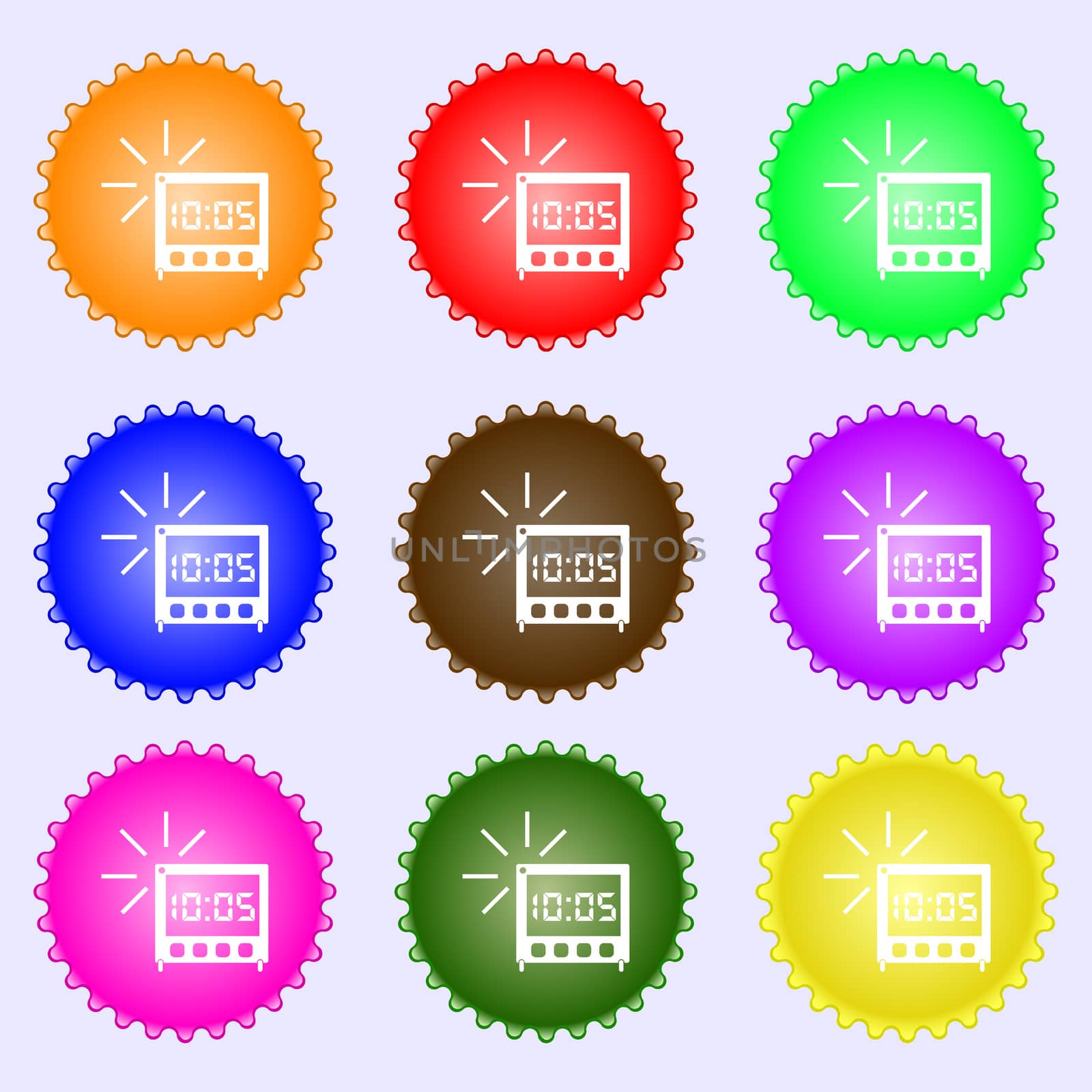 digital Alarm Clock icon sign. A set of nine different colored labels.  by serhii_lohvyniuk