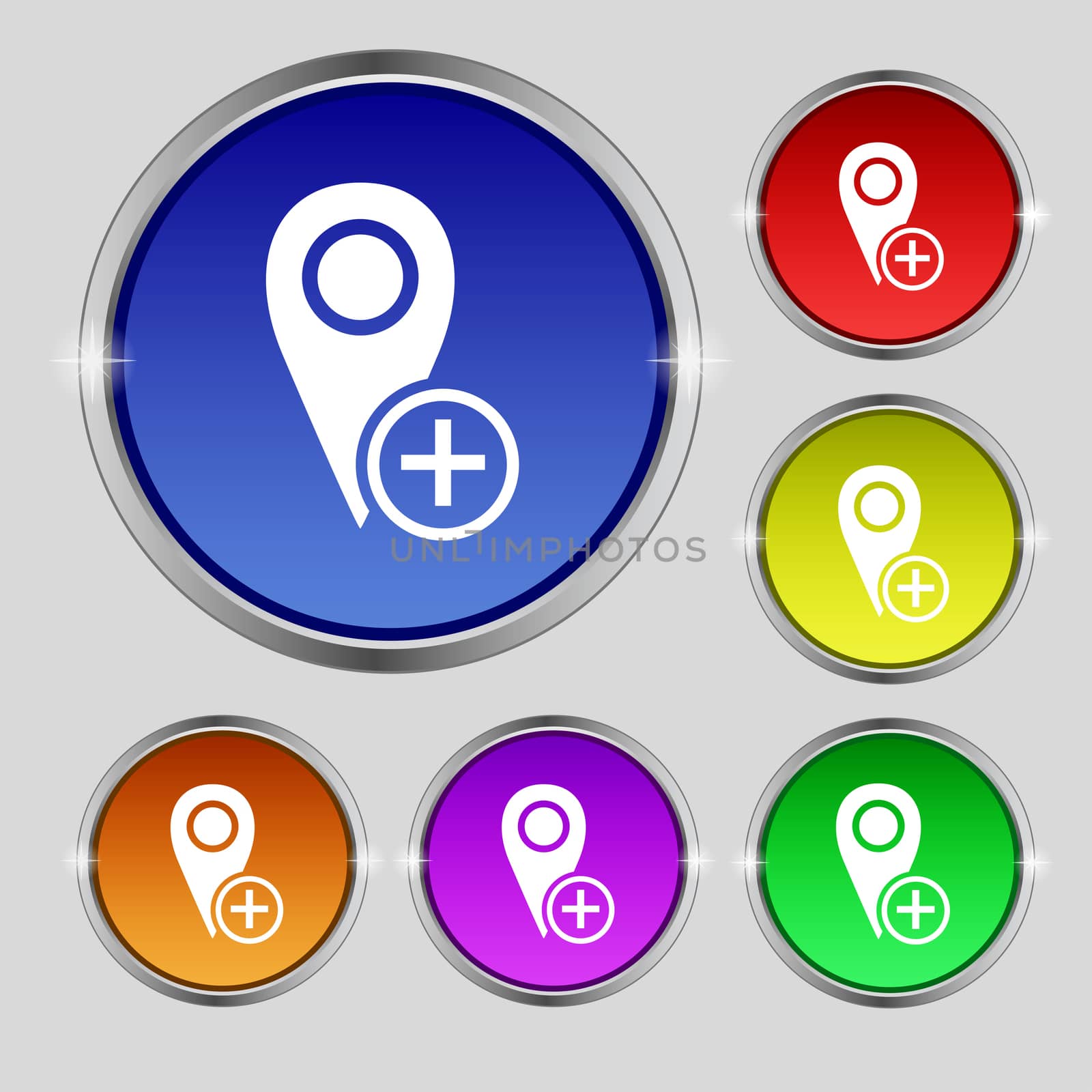 Map pointer icon sign. Round symbol on bright colourful buttons. illustration