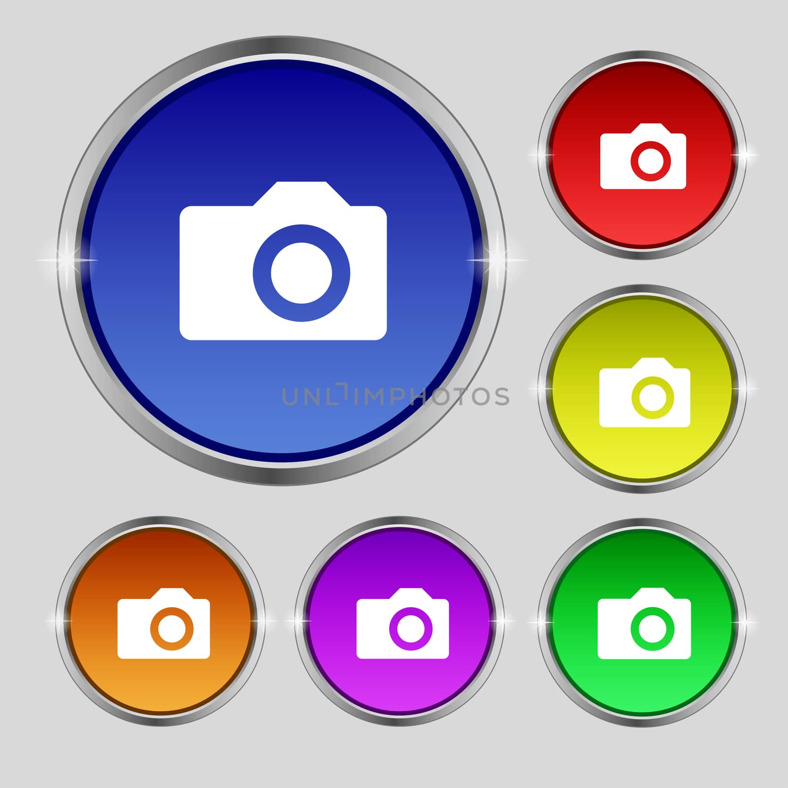 Digital photo camera icon sign. Round symbol on bright colourful buttons. illustration
