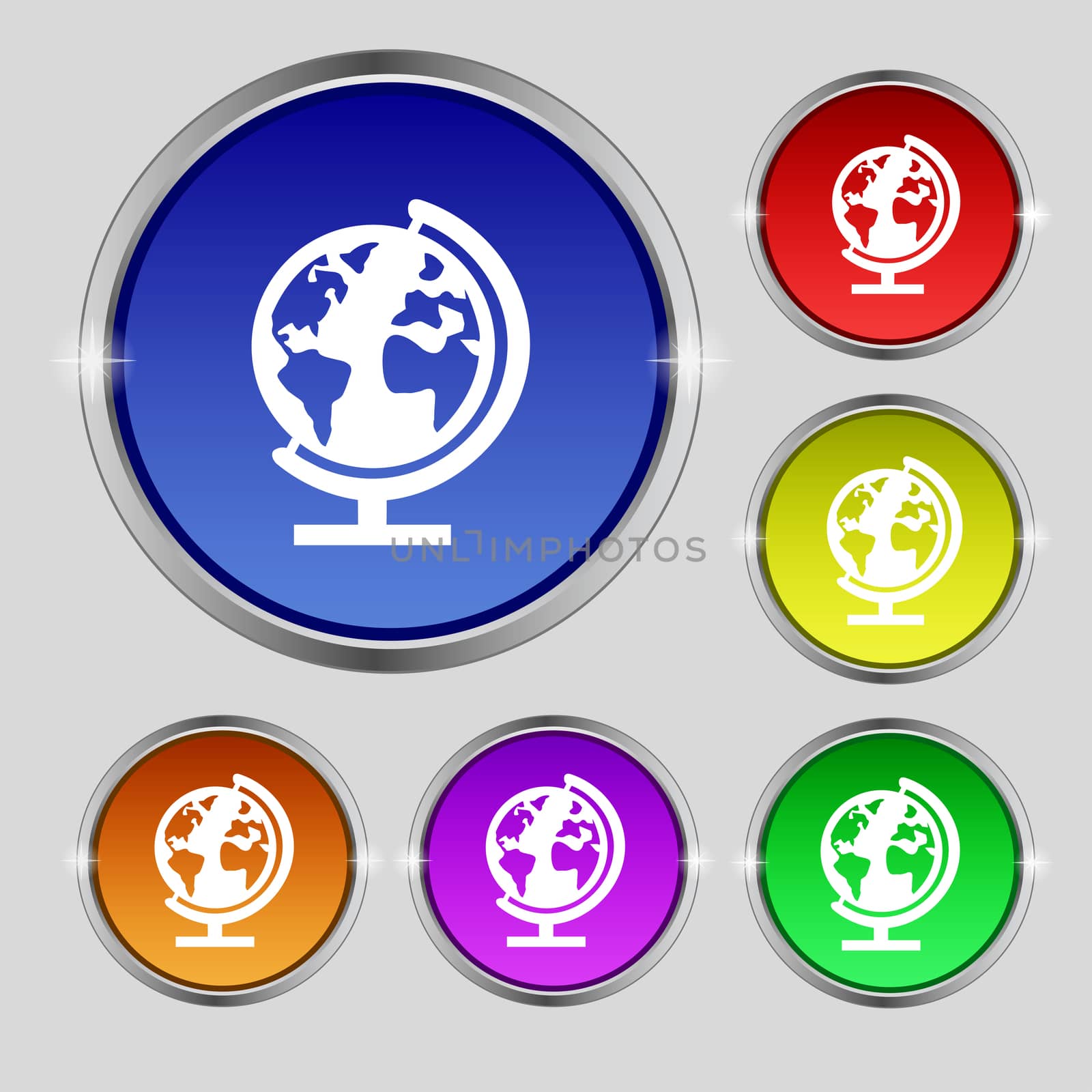 Globe sign icon. World map geography symbol. Globes on stand for studying. Set colur buttons.  by serhii_lohvyniuk