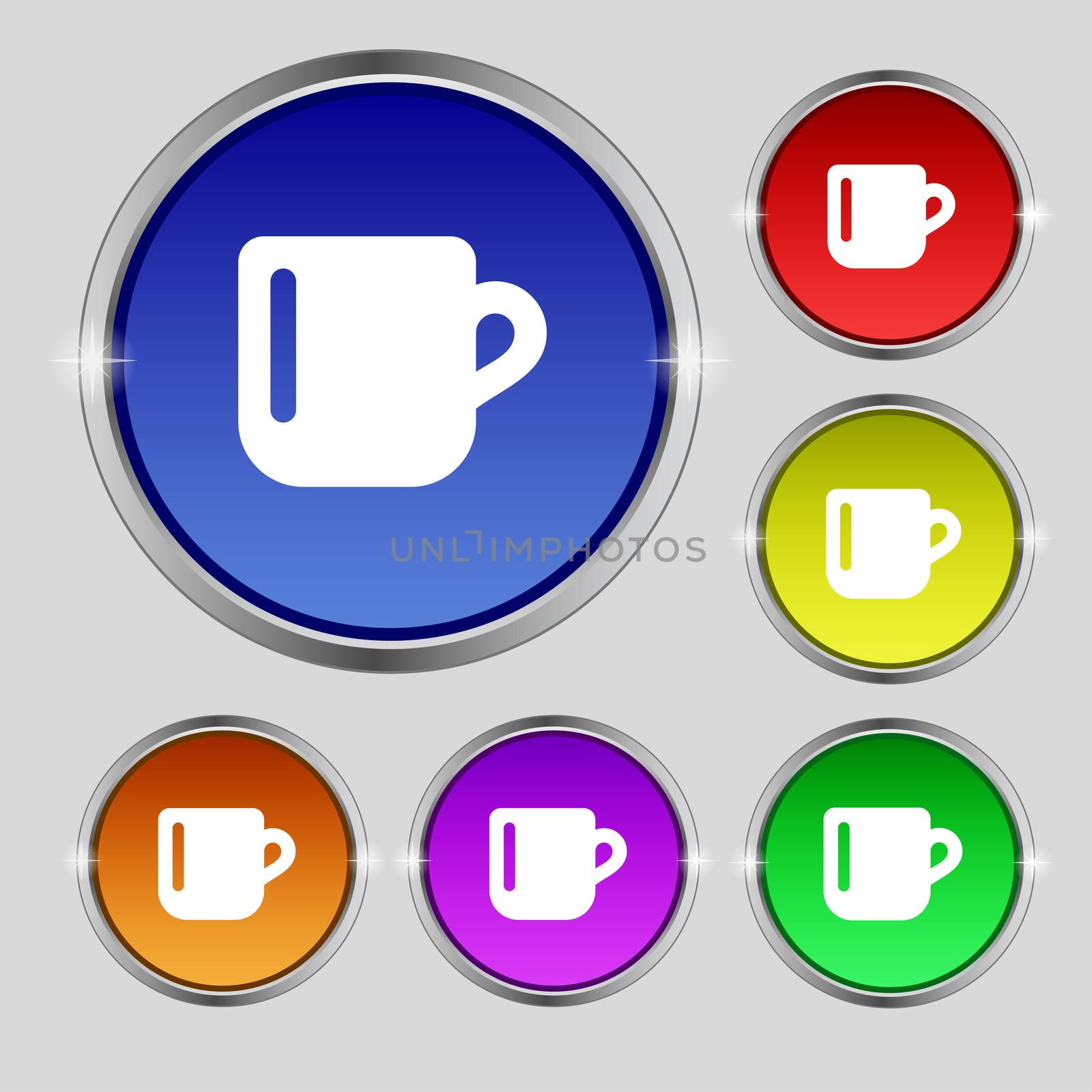 cup coffee or tea icon sign. Round symbol on bright colourful buttons.  by serhii_lohvyniuk