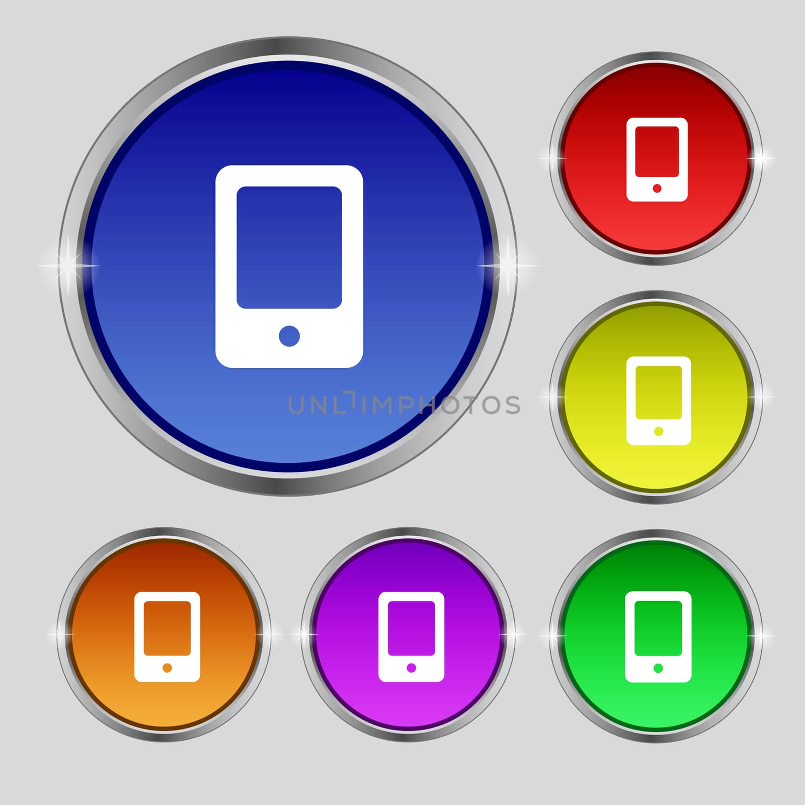 Tablet icon sign. Round symbol on bright colourful buttons. illustration