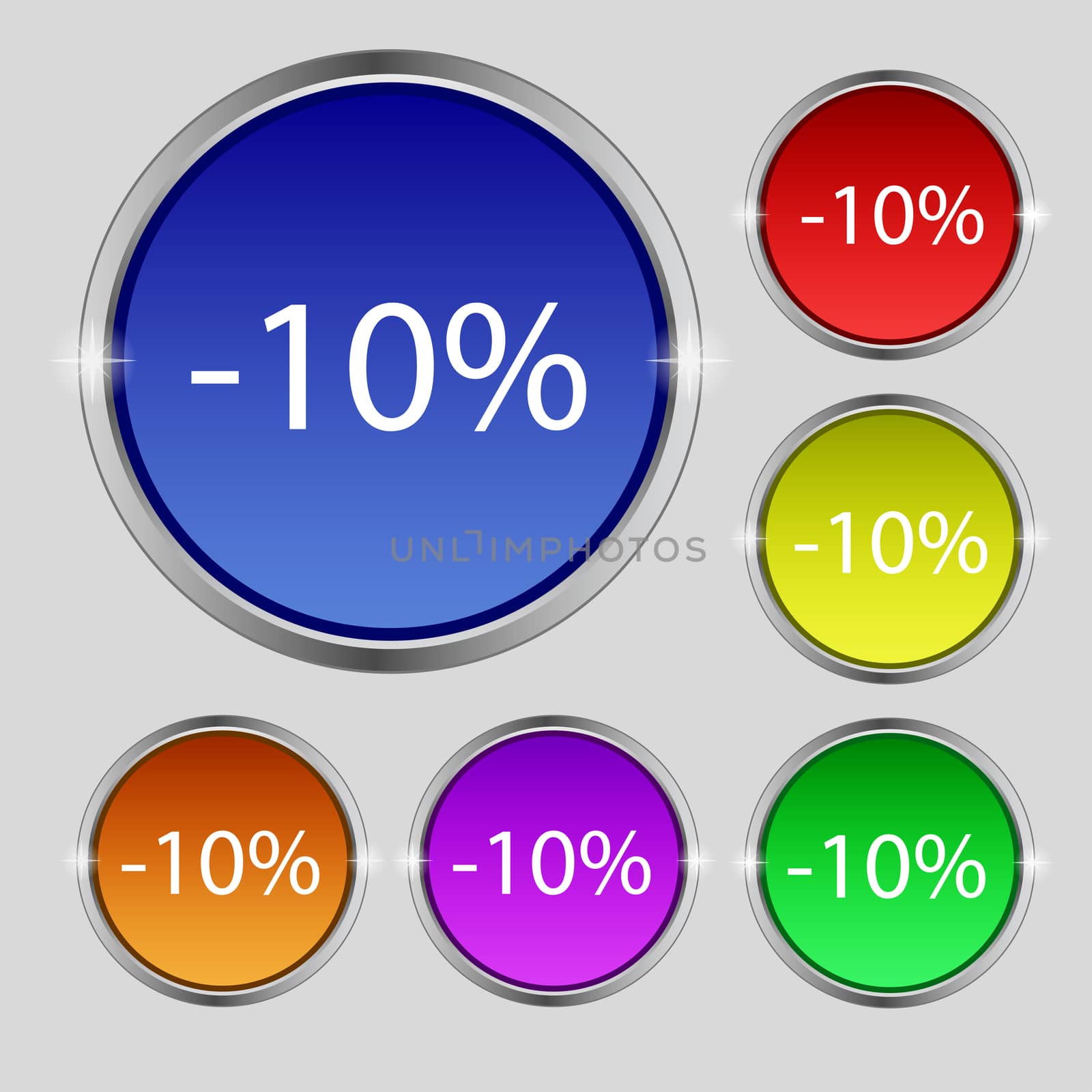 10 percent discount sign icon. Sale symbol. Special offer label. Set of colored buttons illustration
