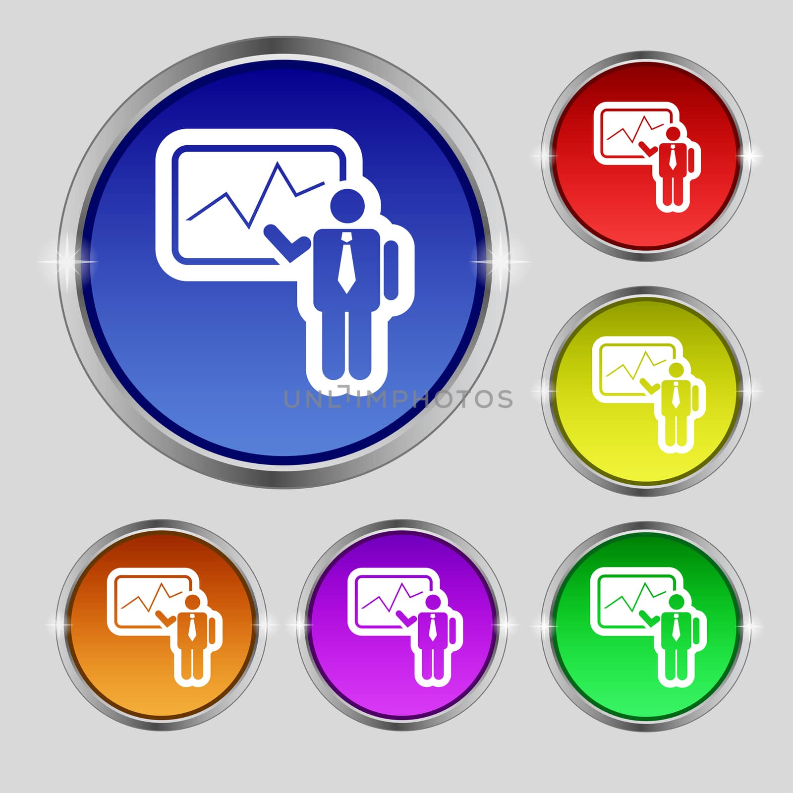 businessman making report icon sign. Round symbol on bright colourful buttons.  by serhii_lohvyniuk